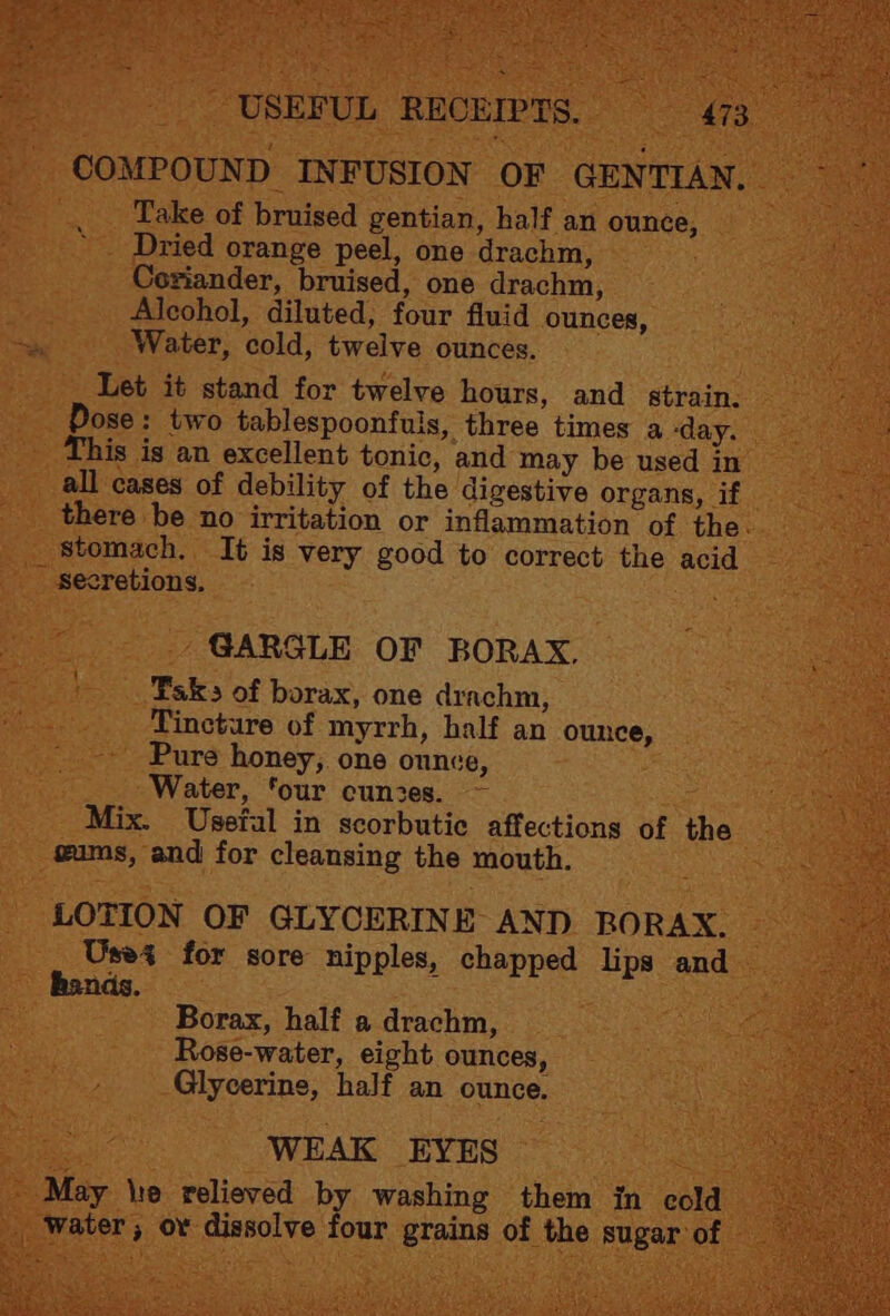 iis pore ttt USEFUL RECEIPTS. 473 COMPOUND INFUSION OF GENTIAN. ae Take of bruised gentian, half an ounce, Dried orange peel, one drachm, Coriander, bruised, one drachm, Alcohol, diluted, four fluid ounces, Water, cold, twelve ounces. Let it stand for twelve hours, and strain. Dose: two tablespoonfuis, three times a -day. This is an excellent tonic, and may be used in all cases of debility of the digestive organs, if there be no irritation or inflammation of the. stomach. It is very good to correct the acid GARGLE OF BORAX. sks of borax, one drachm, Tincture of myrrh, half an ounce, Pure honey, one ounce, Water, ‘our cunzes. Mix. Useiul in scorbutic affections of the ams, and for cleansing the mouth. LOTION OF GLYCERINE AND BORAX. Use for sore nipples, chapped lips and bonds. Borax, half a drachm, Rose-water, eight ounces, Glycerine, half an ounce. WEAK EYES May \te relieved by washing them in cold