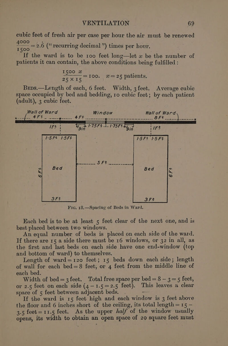 cubic feet of fresh air per case per hour the air must be renewed 4000 ee : Bods avlice ety 2.6 (“recurring decimal”) times per hour. If the ward is to be roo feet long—let # be the number of patients it can contain, the above conditions being fulfilled : =100. &amp;=25 patients, Beps.—Length of each, 6 feet. Width, 3 feet. Average cubic space occupied by bed and bedding, ro cubic feet; by each patient (adult), 3 cubic feet. | Wall of Ward 4Fe K---— — 2 eS Se ee Each bed is to be at least 5 feet clear of the next one, and is best placed between two windows. An equal number of beds is placed on each side of the ward. If there are 15 a side there must be 16 windows, or 32 in all, as the first and last beds on each side have one end-window (top and bottom of ward) to themselves. Length of ward=120 feet; 15 beds down each side; length of wall for each bed=8 feet, or 4 feet from the middle line of each bed. Width of bed =3 feet. Total free space per bed = 8 — 3=5 feet, or 2.5 feet on each side (4—1.5=2.5 feet). This leaves a clear space of 5 feet between adjacent beds. . _ If the ward is 15 feet high and each window is 3 feet above the floor and 6 inches short of the ceiling, its total length = 15 — 3.5 feet=11.5 feet. As the upper half of the window usually opens, its width to obtain an open space of zo square feet must