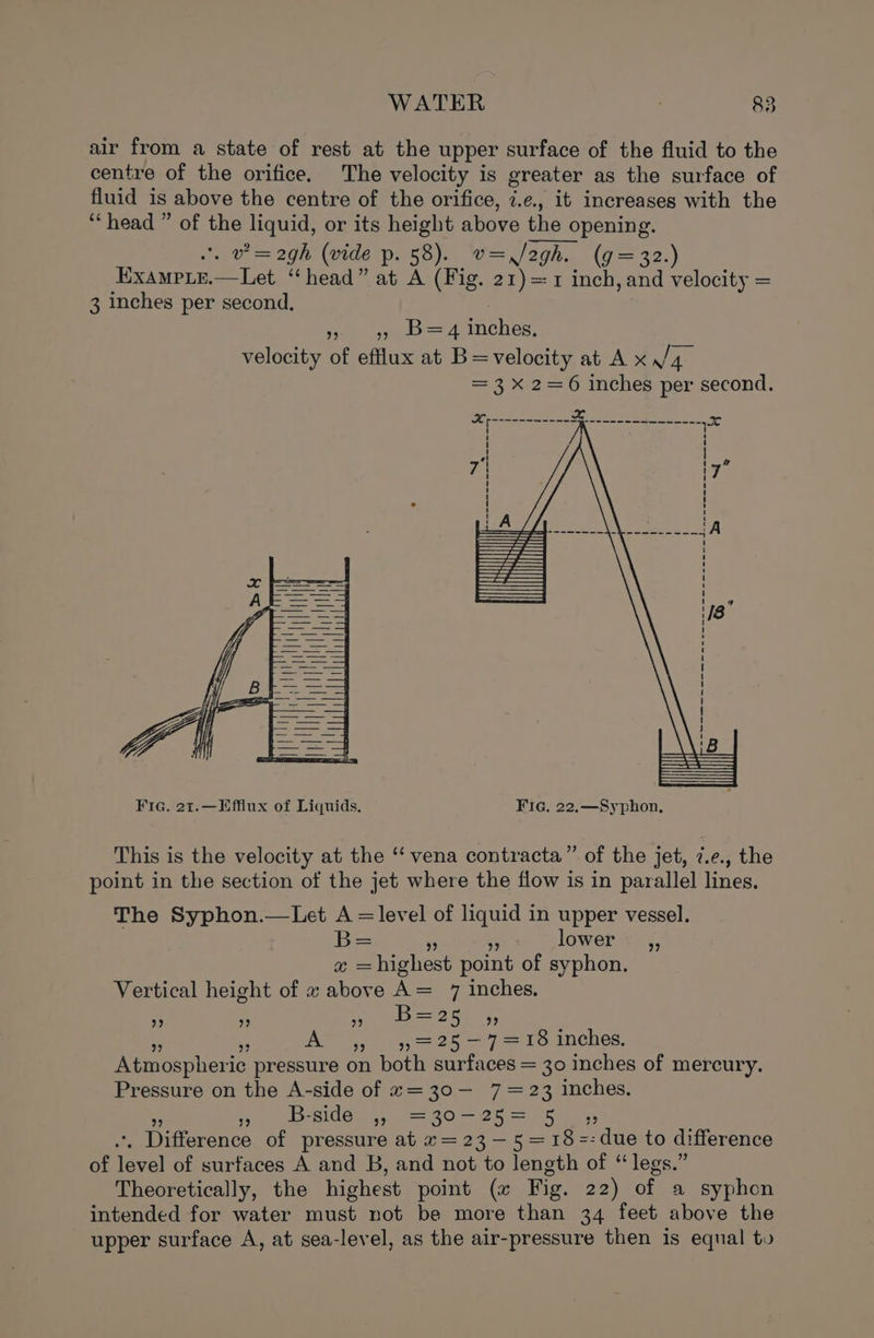 air from a state of rest at the upper surface of the fluid to the centre of the orifice. The velocity is greater as the surface of fluid is above the centre of the orifice, 7.¢., it increases with the “head ” of the liquid, or its height above the the opening. '. v= a2gh (vide p. 58). v=,/2gh. (9 = 32.) Exampie.—Let “head” at A (Fig. 21) =1 inch, and velocity = 3 inches per second, 4. = 4 Inches, velocity of efflux at B=velocity at A x/4_ = 3 X 2=6 inches per second. &gt; ey Se at er gi em wm eco lin, &amp; Fig. 21.—Efflux of Liquids. Fic. 22.,—Syphon, This is the velocity at the ‘‘ vena contracta” of the jet, 7.e., the point in the section of the jet where the flow is in parallel lines. The Syphon.—Let A =level of liquid in upper vessel. . B= +3 lower ,, a highest point of syphon. Vertical height of x above ae 7 inches. +B) ” 9 B=25 ee) A 55 9225 —7 = 16 inches. Atmospheri ic  pressure on both surfaces = 30 inches of mercury. Pressure on the A-side of x=30-— 7=23 inches. 5 5 B-side ,, =30-255 . Difference of pressure at «= 23—5=18= due to difference of is of surfaces A and B, and not to length of “legs.” Theoretically, the highest point (x Fig. 22) of a syphon intended for water must not be more than 34 feet above the upper surface A, at sea-level, as the air-pressure then is equal to