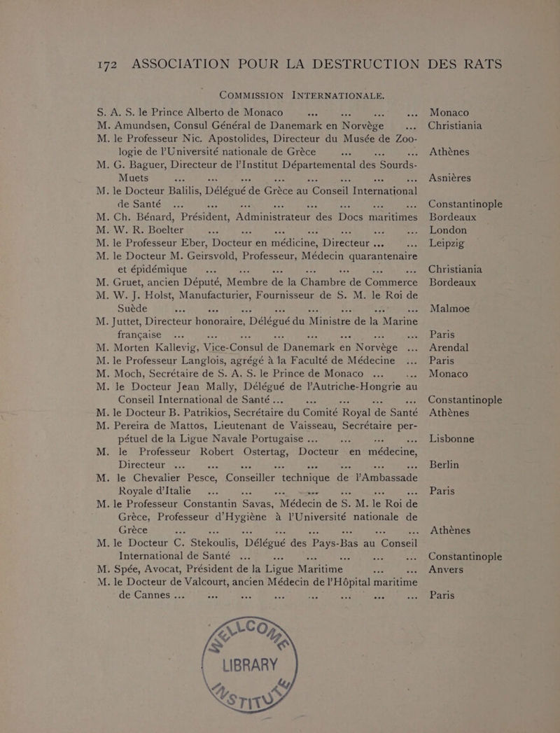 COMMISSION INTERNATIONALE. oe ee oe ee oe ee Senete eee s = logie de ’Université nationale de Gréce Muets de Santé ae: Bénard, present A dic inidtochede ree Docs maritimes W.R. Beeler et épidémique oe ancien Deéputeé, Meare Se la ee ‘de Crmmbice W. J. Holst, Manufacturier, Fournisseur de S. M. le Roi de Suéde francaise Moch, Secrétaire de S. A. S. le Prince de Monaco Conseil International de Santé .. pétuel de la Ligue Navale Portugaise ... le Professeur Robert Ostertag, Docteur Directeur en médecine, Royale d’Italie Gréce, Professeur d’Hygiéne a Université nationale de Gréce &lt;5 International de Santé de Cannes. SACO &lt;&amp; S nee DES RATS Monaco Christiania Athénes Asniéres Constantinople Bordeaux London Leipzig Christiania Bordeaux Malmoe Pars Arendal Paris Monaco Constantinople Athénes Lisbonne Berlin Paris Athénes Constantinople Anvers Paris
