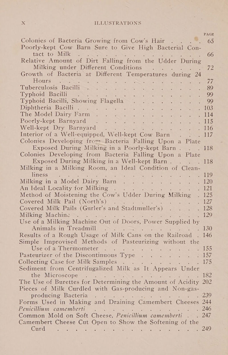 Colonies of Bacteria Growing from Cow’s Hair ont Poorly-kept Cow Barn Sure to Give High Bacterial Con- tact to Milk f Relative Amount of Dirt Rating ror tie Widder Dearie Milking under Different Conditions : Growth of Bacteria at Different Temperatures dunn 24 Hours Tuberculosis Baciii Typhoid Bacilli rN Typhoid Bacilli, Showing Plagelta Diphtheria Bacilli . ; oe The Model Dairy Farm Poorly-kept Barnyard Well-kept Dry Barnyard . Interior of a Well-equipped, W eile eae ath aay : Colonies Developing from Bacteria Falling Upon a Pine Exposed During Milking in a Poorly-kept Barn . , Colonies Developing from Bacteria Falling Upon a Plate Exposed During Milking in a Well-kept Barn . Milking in a Milking Room, an Ideal Condition of Gisane Lineos eae Ge NER voor nes Se Milking in a Model Dae. Pon An Ideal Locality for Milking : Method of Moistening the Cow’s Uidaes ‘During Milking Covered Milk Pail (North’s) : Covered Milk Pails (Gurler’s and eatin ler s) Milking Machine . We ceOtea Milking Machine Out ot Dour Power Supplied ae Animals in’ Treadmill, =~; : Results of a Rough Usage of Milk Cane on mile Railroad Simple Improvised Methods of Pasteurizing without the Use of a Thermometer Pasteurizer of the Discontinuous aoe Collecting Case for Milk Samples : Sediment from Centrifugalized Milk as ‘It ape Pntie: the Microscope ; The Use of Burettes for Decent he Neti a Ney Pieces of Milk Curdled with Gas-producing and Non-gas- producing Bacteria Forms Used in Making ail Deanne Gructhert Checses Penicillium camemberti ; Common Mold on Soft Cheese, Renin Parieiver if Camembert Cheese Cut Open to Show the Softening of the Curd 1a ENMU AR ONAL Aa te OO ee a ae eee a