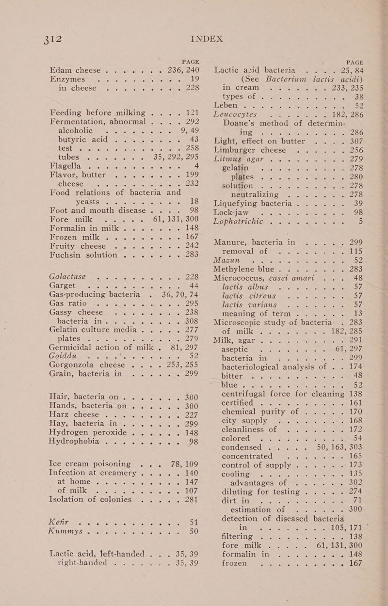 PAGE Edam, cheeses 2). st en ne 20 0n 240 IDeA 4A wa Go Se oo AY In! cheese” 2. 82, one et sthewece Feeding before milking . ... 121 Fermentation, abnormal... . 292 alcoholic Marsa eee ee DULYLICHVACIG Wr. ateumess eaten pee Smee ECSU Sie ea eae eke crs A oe PIS Lubes colhwr cee) 35, 292, 295 Plagella hale wearerctec re cece sere 4 MEMO uke Coe eG a on 6 6 IOS cheese Ante Asie Seeneaecoe T’ood relations of bacteria and VEIN &amp; oe da boeroe Oo RS Foot and mouth disease... . 98 heme ale 595 5 o 6 | RE NSE SING ikonaoneletal weer semilie » G 6 6 3 o IES Pir ozer. milk siete. ore ke ett ds aed O7, PriuityGcheeS@ys.. a) ots celia. weet Buchsinwsolution ssn em enaemen Oo GGlactase. Te ese. see lS Garg ctw acces thou. ae Gas-producing Pacten ia (SAS ationwcmc Peat Gem arene 705 Gassy cheese w “ayt eu sunspot menos bacteria sink. Se meee a OUS Gelatin culture mee Saisie shes Bete) plates asa. ee. See af Germicidal ion on mille = RE, AD Govddite ee ees hee aaa hee Gorgonzola chesee 5 eb eR CE Grains bacteria sii marm mine coS Hairssbacteria onthe. 9. Gomeas OD Hands, bactetta—on .ae. ee O00 Harz) Cheese (oa patos seme 7. Hay; 2bacteria sie... 446. tee noo Hydrogen peroxide . ..... 148 Eydrophobia® &lt;4. caesar ekeos ° ° e “I a ay j=) ‘© Ice cream poisoning Infection at creamery -.5.).. 9.) 140 at home. 2.55 Soe ee mee a OL ‘ani lk Oe, easier. heatetirae ree 7: Isolation’ of colonies] — bas) see col TAIT Sa is gs el ae EL KUMINY So aaa yk Siesta es ee Lactic acid, left-handed . ... 35,3 right-handed 35 PAGE Lactic asid bacteria . 25, 84 (See Bacterium lactis acidi) in cream aah 5 Bsa as types tof SMa. oe ee eben’. 49 aa: owed eer 52 Leucocytes er : 182, 286 Doane’s method of determin- AP ee: BP Oty lg Rees Light, effect on Butter! A. on Ls Limbugger cheese .. : .. ,. 256 HON ls: RQ eee eS bce 4 ee Celapte: a; &lt;0) cs s.a ee eS DIBECS) co. lle ce he eer ae OO SOMO I&lt; Means aes or ct came GME neutralizing (4, .3:%-09.. eee CLS IMquetyine bacteria. si. ee tareeS TO CKSG We bien is ble, ys ee Sa ee LIOPR OU CHG ws Wot a oa oo Manure, bacteria 11 2) eee coo removalw ote sl «A a 6 ee cares at Mazun ., er eS as SY Methylene hide OOS Go hoR eee Ee OS Micrococcus, casei amart ... 48 lactismalbus@).. &lt;a. ae a LGCtIS MCULT EUS ee Oa lactis® varias . eee meaning of term... Somes} Microscopic study of Pact 6 ES of milk . 182, 285 Milksca gates §.) tus alee mee a eee e aseptic ; 61, 297 pactetiawsii nae ere, bacteriological aualyeral oe Duel 4 bitteriey 0A). ac. se ee blue 2 = Sy centrifugal ce fon cleatane 138 certified oes ete Se Nee Ok chemical purity af 5 bs a BAR City “supplys. Sale eas Oe eee Ow Clara Oe io toda a o) a ge colored! “be Sse Seen oe ee condensed 50, 163, 303 concentrated Ae Fs PANT Cony a NGS control of&lt;supply 5 cea ee Le COOli CHa. en a LSS advantages of Me he emer OUe diluting for orgs lage ROLE Ghkae thay 5 |e Sacro. eee estimation AL sms . 300 detection of diseased pactens LiL peinctas cee eo eed () ems filtering sf. ic, Oe ee a OS fore milk 61, 131, 300 youtube wen 4 WG og oe as a A LTOZEMs “Soh cee nodes BLOF