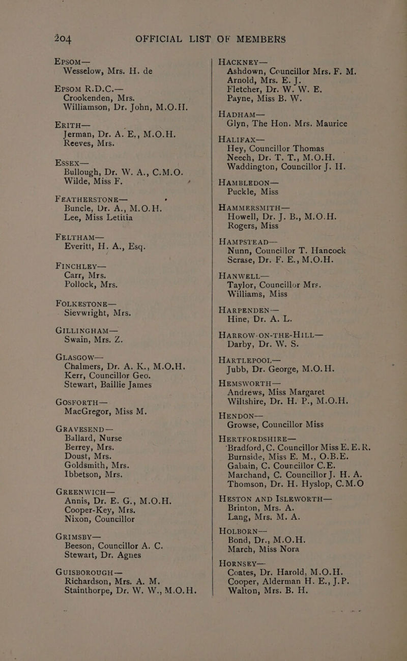 EPrsomM— HACKNEY— Wesselow, Mrs. H. de Ashdown, Ceuncillor Mrs. F. M. Arnold, Mrs. E. J. Epsom R.D.C.— Fletcher, Dr. W. W. E. Crookenden, Mrs. Payne, Miss B. W. Williamson, Dr. John, M.O.HI. HaADHAM— Er1ItH— : Glyn, The Hon. Mrs. Maurice Jerman, Dr. A. E., M.O.H. HH ALIFAX— Reeves, Mrs. Hey, Councillor Thomas Neech, Dr. T. T., M.O.H. EssEX— . . Bullough, Dr W. Ai; CEMEQs Waddington, Councillor J. H. Wilde, Miss F, 4 HAMBLEDON— Puckle, Miss FEATHERSTONE— , Buncle, Dr. A., M.O.H. HAMMERSMITH— Lee, Miss Letitia Howell, Dr. J. B.. M.O.H. Rogers, Miss FELTHAM— : HAMPSTEAD— Everitt, H. A., Esq. Nunn, Councillor T. Hancock Scrase, Dr. F. E., M.O.H. FINCHLEY— Carr, Mrs. HANWELL— Pollock, Mrs. Taylor, Councillor Mrs. Williams, Miss FOLKESTONE— ee Sievwright, Mrs. Hine Ue A Sasa ee HARROW-ON-THE-H1ILL— heme $a Darby, Dr. W. S. GLascow— HARTLEPOOL— Chalmers, Dr. A. K., M.O.H. Jubb, Dr. George, M.O. H. Kerr, Councillor Geo. Stewart, Baillie James HEMSWORTH— Andrews, Miss Margaret GOSFORTH— Wiltshire, Dr. H. P., M.O.H. MacGregor, Miss M. HenpON— GRAVESEND Growse, Councillor Miss Ballard, Nurse HERTFORDSHIRE— . Berrey, Mrs. ‘Bradford, C. Councillor Miss E. E.R. Doust, Mrs. Burnside, Miss E. M., O.B.E. Goldsmith, Mrs. Gabain, C. Councillor C.E. Ibbetson, Mrs. Marchand, C. Councillor J. H. A. Thomson, Dr. H. Hyslop, C.M.O GREEN WICH— Annis, Dr. E. G., M.O.H. HESTON AND ISLEWORTH— Cooper-Key, Mrs. Brinton, Mrs. A. Nixon, Councillor Lang, Mrs. M. A. HOLBORN— eI MSEY ane Bond, Dr., M.O.H. Beeson, Councillor A. C. March, Miss Nora Stewart, Dr. Agnes HORNSEY— GUISBOROUGH — Coates, Dr. Harold, M.O.H. Richardson, Mrs. A. M. Cooper, Alderman H. E., J.P. Stainthorpe, Dr. W. W., M.O.H. Walton, Mrs. B. H.