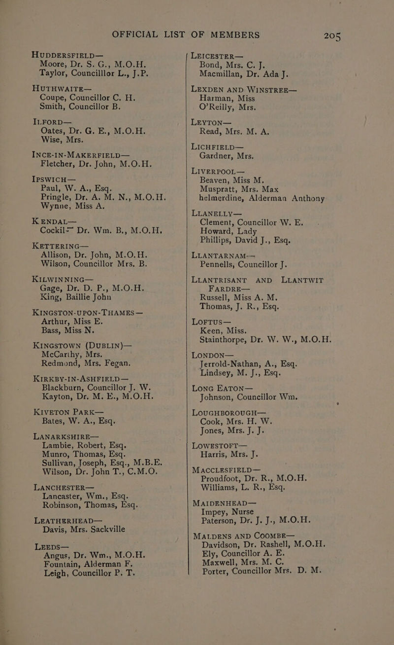 HuUDDERSFIELD— Moore, Dr. S. G., M.O.H. Taylor, Councilllor L., J.P. HUTHWAITE— Coupe, Councillor C. H. Smith, Councillor B. ILFORD— Oates, Dr. G. E., M.O.H. Wise, Mrs. INCE-IN-MAKERFIELD— Fletcher, Dr. John, M.O.H. IPSWICH— Paul, W. A., Esq. Wynne, Miss A. K ENDAL— Cockil<~ Dr. Wm. B., M.O.H. KETTERING— Allison, Dr. John, M.O.H. Wilson, Councillor Mrs. B. KILWIN NING— Gage, Dr. D. P., M.O.H. King, Baillie John KINGSTON-UPON- THAMES — Arthur, Miss E. Bass, Miss N. KINGSTOWN (DUBLIN)— McCarthy, Mrs. Redmond, Mrs, Fegan. KIRKBY-IN-ASHFIELD— Blackburn, Councillor J. W. Kayton, Dr. M. E., M.O.H. KIVETON PARK— Bates, W. A., Esq. LANARKSHIRE— Lambie, Robert, Esq. Munro, Thomas, Esq. Sullivan, Joseph, Esq., M.B.E. Wilson, Dr. John T., C.M.O. LANCHESTER— Lancaster, Wm., Esq. Robinson, Thomas, Esq. LEATHERHEAD— Davis, Mrs. Sackville LEEDS— Angus, Dr. Wm., M.O.H. Fountain, Alderman F, Leigh, Councillor P. T. LEICESTER— Bond, Mrs. C. J. Macmillan, Dr. Ada J. LEXDEN AND WINSTREE— Harman, Miss O’Reilly, Mrs. LEYTON— Read, Mrs. M. A. LICHFIELD— Gardner, Mrs. LIVERPOOL— Beaven, Miss M. Muspratt, Mrs. Max helmerdine, Alderman Anthony LLANELLY— Clement, Councillor W. E. Howard, Lady Phillips, David J., Esq, LLANTARNAM-— Pennells, Councillor J. LLANTRISANT AND LLANTWIT FARDRE— Russell, Miss A. M. Thomas, J. R., Esq. LoFTus— Keen, Miss. Stainthorpe, Dr. W. W., M.O.H. LONDON— Jerrold-Nathan, A., Esq. Lindsey, M. J., Esq. LonG EATON— Johnson, Councillor Wm. LouGHBOROUGH— Cook, Mrs. H. W. Jones, Mrs. J. J. LOWESTOFT— Harris, Mrs. J. MACCLESFIELD— Proudfoot, Dr. R., M.O.H. Williams, L. R., Esq. MAIDENHEAD— Impey, Nurse Paterson, Dr. J. J., M.O.H. MALDENS AND COOMBE— Davidson, Dr. Rashell, M.O.H. Ely, Councillor A. E. Maxwell, Mrs. M. C. Porter, Councillor Mrs. D, M.