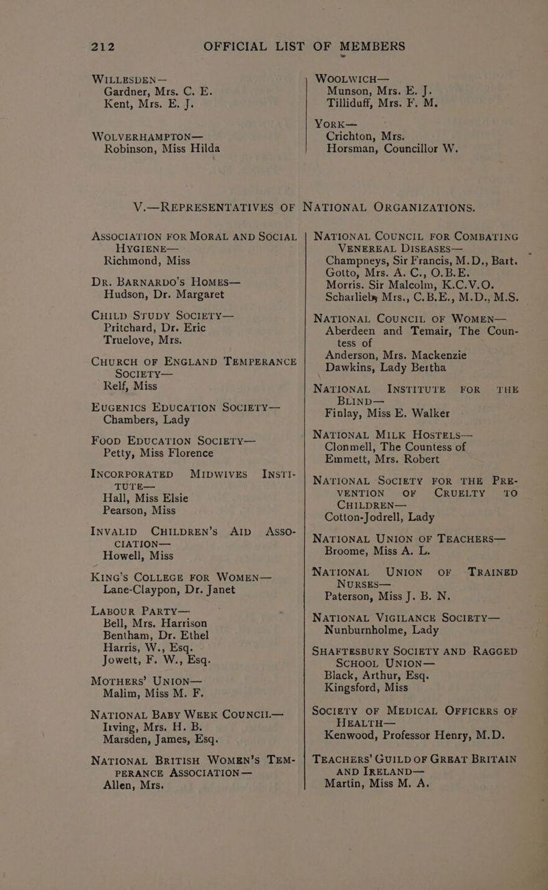 WILLESDEN — Gardner, Mrs. C. E. Kent, Mrs. E. J. WOLVERHAMPTON— Robinson, Miss Hilda WoOOLWICH— Munson, Mrs. E. J. Tilliduff, Mrs. F. M. YorK— Crichton, Mrs. Horsman, Councillor W. ASSOCIATION FOR MORAL AND SOCIAL HYGIENE— Richmond, Miss Dr. BARNARDO’Ss HomMes— Hudson, Dr. Margaret CHILD Srupy Socirery— Pritchard, Dr. Eric Truelove, Mrs. CHURCH OF ENGLAND TEMPERANCE SocIETYy— Relf, Miss EUGENICS EDUCATION SOCIETY— Chambers, Lady Foop EDUCATION SOCIETY— Petty, Miss Florence INCORPORATED MIDWIVES _INSTI- TUTE— Hall, Miss Elsie Pearson, Miss INVALID CHILDREN’s AID ASSO- CIATION— Howell, Miss KING’s COLLEGE FOR WOMEN— Lane-Claypon, Dr. Janet LABOUR PARTY— Bell, Mrs. Harrison Bentham, Dr. Ethel Harris, W., Esq. Jowett, F. W., Esq. MorHErRS’ UNION— Malim, Miss M. F. NATIONAL BABY WEEK COUNCIL— Inving, Mrs. H. B. Marsden, James, Esq. NATIONAL BRITISH WOMEN’s TEM- PERANCE ASSOCIATION — Allen, Mrs. NATIONAL COUNCIL FOR COMBATING VENEREAL DISEASES— Champneys, Sir Francis, M.D., Bart. Gotto, Mrs. A. C., O.B.E. Morris. Sir Malcolm, K.C.V.O. Scharlieby Mrs., C.B.E., M.D., M.S. | NATIONAL COUNCIL OF WOMEN—. Aberdeen and Temair, The Coun- tess of Anderson, Mrs. Mackenzie Dawkins, Lady Bertha NATIONAL INSTITUTE BLIND— Finlay, Miss E. Walker NATIONAL MILK HosTELs— Clonmell, The Countess of Emmett, Mrs. Robert FOR THE NATIONAL SocIETY FOR THE PRE- VENTION OF CRUELTY TO CHILDREN— Cotton-Jodrell, Lady NATIONAL UNION OF TEACHERS— Broome, Miss A. L. NATIONAL UNION OF NuRSES— Paterson, Miss J. B. N. NATIONAL VIGILANCE SOCIETY— Nunburnholme, Lady TRAINED SHAFTESBURY SOCIETY AND RAGGED SCHOOL UNION— Black, Arthur, Esq. Kingsford, Miss SOCIETY OF MEDICAL OFFICERS OF HEALTH— Kenwood, Professor Henry, M.D. TEACHERS’ GUILD OF GREAT BRITAIN AND IRELAND— Martin, Miss M. A.