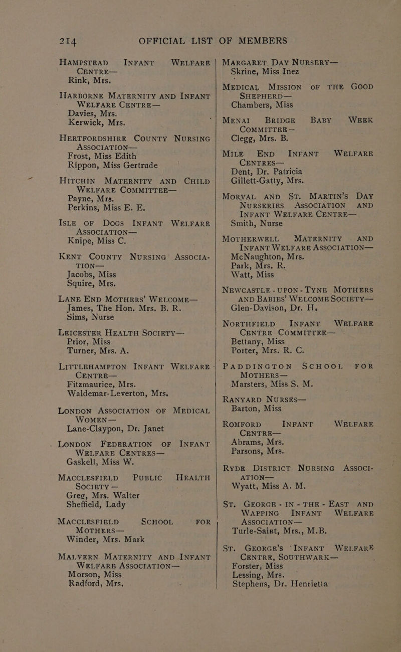 HAMPSTEAD CENTRE— Rink, Mrs. INFANT WELFARE HARBORNE MATERNITY AND INFANT WELFARE CENTRE— Davies, Mrs. Kerwick, Mrs. HERTFORDSHIRE COUNTY NURSING ASSOCIATION— Frost, Miss Edith Rippon, Miss Gertrude HITCHIN MATERNITY AND CHILD WELFARE COMMITTEE— Payne, Mrs. Perkins, Miss E. E. IsLE OF Docs INFANT WELFARE ASSOCIATION— Knipe, Miss C. © KENT County NursInG ASSOCIA- TION— Jacobs, Miss Squire, Mrs. LANE END MOTHERS’ WELCOME— James, The Hon. Mrs. B. R. Sims, Nurse LEICESTER HEALTH SOCIETY— Prior, Miss Turner, Mrs. A. LITTLEHAMPTON CENTRE— Fitzmaurice, Mrs. Waldemar-Leverton, Mrs. LONDON ASSOCIATION OF MEDICAL WoMEN— Lane-Claypon, Dr. Janet LONDON FEDERATION OF INFANT WELFARE CENTRES— Gaskell, Miss W. MACCLESFIELD PUBLIC HEALTH SOCIETY — Greg, Mrs. Walter Sheffield, Lady MACCLESFIELD SCHOOL FOR MOTHERS— Winder, Mrs. Mark MALVERN MATERNITY AND_INFANT WELFARE ASSOCIATION— Morson, Miss Radford, Mrs, MARGARET DAY NURSERY— Skrine, Miss Inez MEDICAL MISSION oF THE GOOD SHEPHERD— Chambers, Miss MENAI BRIDGE BABY WEEK COMMITTEE -— Clegg, Mrs. B. MILE END CENTRES— Dent, Dr. Patricia Gillett-Gatty, Mrs. INFANT WELFARE MorvVAL AND St. MARTIN’s Day NURSERIES ASSOCIATION AND INFANT WELFARE CENTRE— Smith, Nurse . MOTHERWELL MATERNITY AND INFANT WELFARE ASSOCIATION— McNaughton, Mrs. Park, Mrs. R. Watt, Miss NEWCASTLE -UPON- TYNE MOTHERS AND BABIES’ WELCOME SOCIETY— Glen- Davison, Dr. H. NORTHFIELD INFANT WELFARE CENTRE COMMITTEE— Bettany, Miss Porter, Mrs. R. C. SCHOOL FOR MOTHERS— Marsters, Miss S. M. RANYARD NuRSES— Barton, Miss ROMFORD INFANT WELFARE CENTRE— Abrams, Mrs. Parsons, Mrs. RypDE District NursinG’ ASSOCI- ATION— Wyatt, Miss A. M. ST. GEORGE -IN-THE- EAST AND WAPPING INFANT WELFARE ASSOCIATION— Turle-Saint, Mrs., M.B. GrorGk’s ‘INFANT WELFARE CENTRE, SOUTHWARK— Forster, Miss Lessing, Mrs. Stephens, Dr. Henrietia ST.