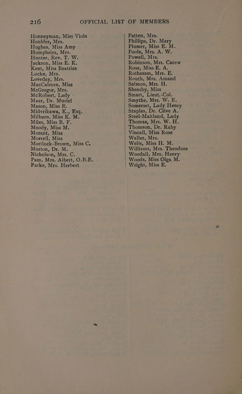 Honneyman, Miss Viola Houlder, Mrs. Hughes, Miss Amy Humphries, Mrs. Hunter, Rev. T. W. Jackson, Miss E. K. Kent, Miss Beatrice Locke, Mrs. Loveday, Mrs. MacCalman, Miss McGregor, Mrs. McRobert, Lady Maer, Dr. Muriel Mason, Miss R. Midvrikawa, K., Esq. Milburn, Miss K. M. Miles, Miss B. F. Moody, Miss M. Morant, Miss Morrell, Miss Mortlock-Brown, Miss C. Morton, Dr. M. Nicholson, Mrs. C. Parke, Mrs. Herbert Patten, Mrs. Phillips, Dr. Mary Plumer, Miss E. M. Poole, Mrs. A. W. Powell, Mrs. Robinson, Mrs. Carew Rose, Miss FE. A. Rotheram, Mrs. E. Routh, Mrs. Amand Salmon, Mrs. H. Sheesby, Miss Smart, Lieut.-Col. Smythe, Mrs. W. E. Somerset, Lady Henry Staples, Dr. Clive A. Steel-Maitland, Lady Thomas, Mrs. W. H. Thomson, Dr. Ruby Vincall, Miss Rose Waller, Mrs. Wells, Miss H. M. Williams, Mrs. Theodore Woodall, Mrs. Henry Woods, Miss Olga M. Wright, Miss E,