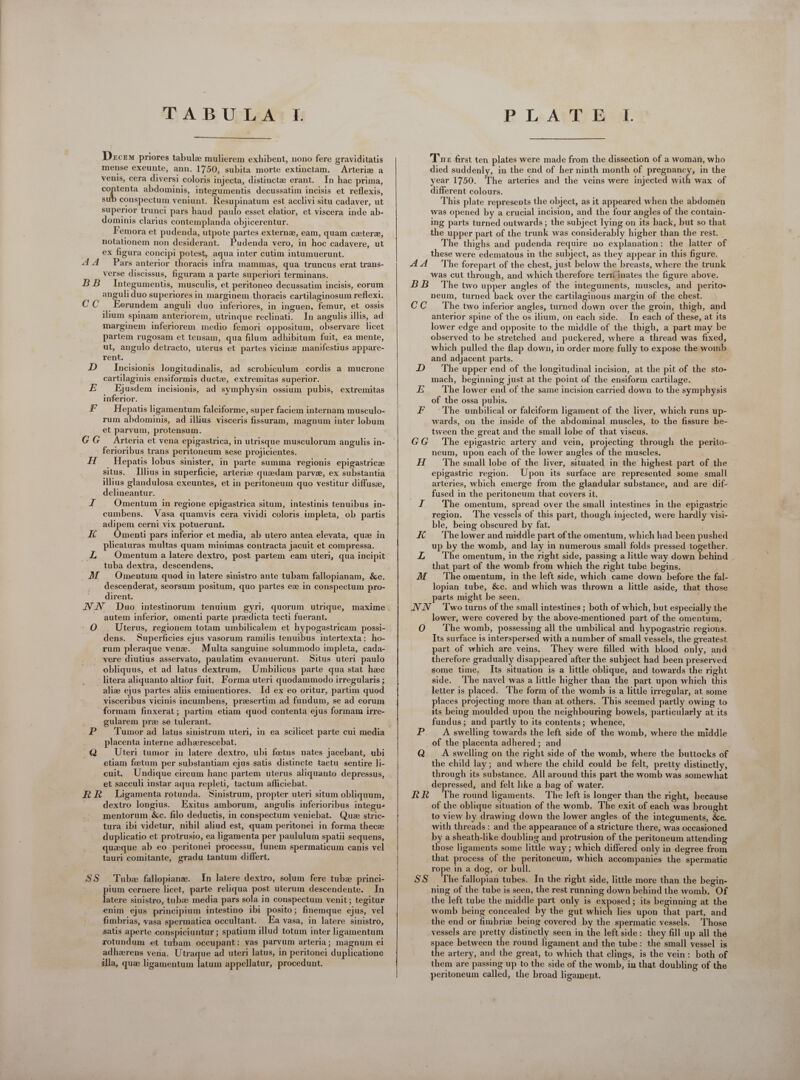  Decem priores tabula mulierem exhibent, nono fere graviditatis mense exeunte, ann. 1750, subita morte extinctam. . Arteriz a venis, cera diversi coloris injecta, distinctae erant. In hac prima, enpiens abdominis, integumentis decussatim incisis et reflexis, sub conspectum veniunt. Resupinatum est acclivi situ cadaver, ut superior trunci pars haud paulo esset elatior, et viscera inde ab- dominis clarius contemplanda objicerentur. Femora et pudenda, utpote partes externa, eam, quam catera, notationem non desiderant. Pudenda vero, in hoc cadavere, ut ex figura concipi potest, aqua inter cutim intumuerunt. Pars anterior thoracis infra mammas, qua truncus erat trans- verse discissus, figuram a parte superiori terminans. BB Integumentis, musculis, et peritoneo decussatim incisis, eorum anguli duo superiores in marginem thoracis cartilaginosum reflexi. CC Eorundem anguli duo inferiores, in inguen, femur, et ossis ilium spinam anteriorem, utrinque reclinati. In angulis illis, ad marginem inferiorem medio femori oppositum, observare licet partem rugosam et tensam, qua filum adhibitum fuit, ea mente, ut, angulo detracto, uterus et partes vicinze manifestius appare- rent. D . Incisionis longitudinalis, ad scrobiculum cordis a mucrone cartilaginis ensiformis ductz, extremitas superior. E Ejusdem incisionis, ad symphysin ossium pubis, extremitas inferior. F . Hepats ligamentum falciforme, super faciem internam musculo- rum abdominis, ad illius visceris fissuram, magnum inter lobum et parvum, protensum. GG Arteria et vena epigastrica, in utrisque musculorum angulis in- ferioribus trans peritoneum sese projicientes. H Hepatis lobus sinister, in parte summa regionis epigastric situs. Illius in superficie, arterize quedam parve, ex substantia illius glandulosa exeuntes, et in peritoneum quo vestitur diffuse, delineantur. 4 Omentum in regione epigastrica situm, intestinis tenuibus in- cumbens. Vasa quamvis cera vividi coloris impleta, ob partis adipem cerni vix potuerunt. IH ^ Omenti pars inferior et media, ab utero antea elevata, que in plicaturas multas quam minimas contracta jacuit et compressa. L Omentum a latere dextro, post partem eam uteri, qua incipit tuba dextra, descendens. M | Omentum quod in latere sinistro ante tubam fallopianam, &amp;c. descenderat, seorsum positum, quo partes ez in conspectum pro- dirent. NVN Duo intestinorum tenuium gyri, quorum utrique, maxime autem inferior, omenti parte praedicta tecti fuerant. -O . Uterus, regionem totam umbilicalem et hypogastricam possi- .. dens. Superficies ejus vasorum ramilis tenuibus intertexta: ho- rum pleraque vene. Multa sanguine solummodo impleta, cada- vere diutius asservato, paulatim evanuerunt. Situs uteri paulo obliquus, et ad latus dextrum, Umbilicus parte qua stat hac litera aliquanto altior fuit. Forma uteri quodammodo irregularis ; aliae ejus partes aliis eminentiores. Id ex eo oritur, partim quod visceribus vicinis incumbens, presertim ad fundum, se ad eorum formam finxerat; partim etiam quod contenta ejus formam irre- gularem pre se tulerant. AA placenta interne adherescebat. EC Uteri tumor in latere dextro, ubi fetus nates jacebant, ubi : etiam feetum per substantiam ejus satis distincte tactu sentire li- cuit, Undique circum hanc partem uterus aliquanto depressus, et sacculi instar aqua repleti, tactum afliciebat. RR Ligamenta rotunda. Sinistrum, propter uteri situm obliquum, dextro longius. Exitus amborum, angulis inferioribus integu- mentorum &amp;c. filo deductis, in conspectum veniebat. Quse stric- tura ibi videtur, nihil aliud est, quam peritonei in forma thece duplicatio et protrusio, ea ligamenta per paululum spatii sequens, quaeque ab eo peritonei processu, funem spermaticum canis vel tauri comitante, gradu tantum differt. SS Tube fallopiane. In latere dextro, solum fere tube princi- pium cernere licet, parte reliqua post uterum descendente. In latere sinistro, tubze media pars sola in conspectum venit ; tegitur enim ejus principium intestino ibi posito ; finemque ejus, vel fimbrias, vasa spermatica occultant. Ea vasa, in latere sinistro, satis aperte conspiciuntur ; spatium illud totum inter ligamentum rotundum et tubam occupant: vas parvum arteria; magnum ei adhzrens vena. Utraque ad uteri latus, in peritonei duplicatione illa, que ligamentum latum appellatur, procedunt.  Tue first ten plates were made from the dissection of a woman, who died suddenly, in the end of her ninth month of pregnancy, in the year 1750. The arteries and the veins were injected with wax of different colours. This plate represents the object, as it appeared when the abdomen was opened by a crucial incision, and the four angles of the contain- ing parts turned outwards ; the subject lying on its back, but so that the upper part of the trunk was considerably higher than the rest. The thighs and pudenda require no explanation: the latter of these were edematous in the subject, as they appear in this figure. was cut through, and which therefore terii inates the figure above. neum, turned back over the cartilaginous margin of the chest. by anterior spine of the os ilium, on each side. In each of these, at its lower edge and opposite to the middle of the thigh, a part may be observed to be stretched and puckered, where a thread was fixed, which pulled the flap down, in order more fully to expose the womb and adjacent parts. The upper end of the longitudinal incision, at the pit of the sto- mach, beginning just at the point of the ensiform cartilage. The lower end of the same incision carried down to the symphysis of the ossa pubis. The umbilical or falciform ligament of the liver, which runs up- wards, on the inside of the abdominal muscles, to the fissure be- tween the great and the small lobe of that viscus. TE K L neum, upon each of the lower angles of the muscles. The small lobe of the liver, situated in the highest part of the epigastric region. Upon its surface are represented some small arteries, which emerge from the glandular substance, and are dif- fused in the peritoneum that covers it. The omentum, spread over the small intestines in the epigastric region. The vessels of this part, though injected, were hardly visi- ble, being obscured by fat. Thelower and middle part of the omentum, which had been pushed up by the womb, and lay in numerous small folds pressed together. The omentum, in the right side, passing a little way down behind . that part of the womb from which the right tube begins. lopian tube, &amp;c. and which was thrown a little aside, that those parts might be seen. T Two turns of the small intestines ; both of which, but especially the lower, were covered by the above-mentioned part of the omentum, The womb, Poser all the umbilical and hypogastric regions. Its surface is interspersed with a number of small vessels, the greatest part of which are veins, They were filled with blood only, and : therefore gradually disappeared after the subject had been preserved some time, Its situation is a little oblique, and towards the right side. The navel was a little higher than the part upon which this letter is placed. The form of the womb is a little irregular, at some places projecting more than at others. This seemed partly owing to its being moulded upon the neighbouring bowels, particularly at its fundus; and partly to its contents; whence, A swelling towards the left side of the womb, where the middle of the placenta adhered ; and A swelling on the right side of the womb, where the buttocks of the child lay ; and where the child could be felt, pretty distinctly, through its substance, All around this part the womb was somewhat depressed, and felt like a bag of water. he round ligaments. The left is longer than the right, because of the oblique situation of the womb. The exit of each was brought to view by drawing down the lower angles of the integuments, &amp;e. with threads : and the appearance of a stricture there, was occasioned by a sheath-like doubling and protrusion of the peritoneum attending those ligaments some little way ; which differed only in degree from that process of the peritoneum, which accompanies the spermatic rope in a dog, or bull. ning of the tube is seen, the rest running down behind the womb. Of the left tube the middle part only is exposed; its beginning at the womb being concealed by the gut which lies upon that part, and the end or fimbriz being covered by the spermatic vessels. Those vessels are pretty distinctly seen in the left side: they fill up all thé B inia between the round ligament and the tube: the small vessel is the artery, and the great, to which that clings, is the vein: both of them are passing up to the side of the womb, in that doubling of the peritoneum called, the broad ligament.