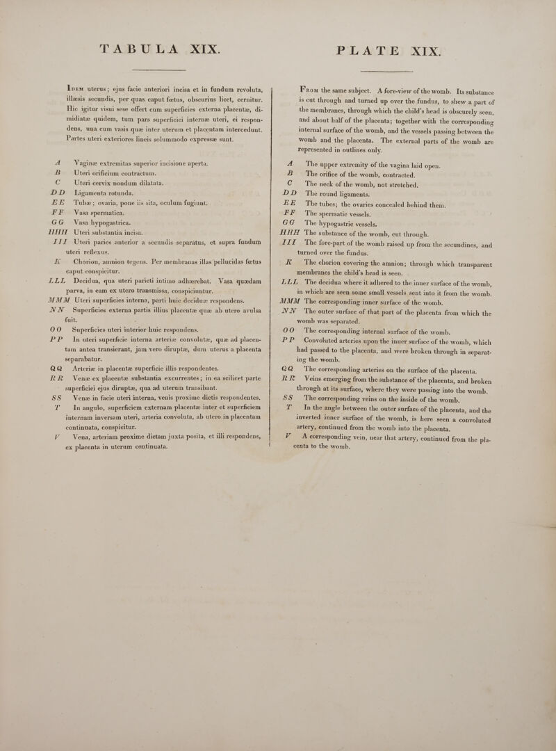 Ive uterus; ejus facie anteriori incisa et in fundum revoluta, ilasis secundis, per quas caput foetus, obscurius licet, cernitur. Hic igitur visui sese offert cum superficies externa placentz, di- midiataze quidem, tum pars superficiei internae uterl, ei respon- dens, una cum vasis quae inter uterum et placentam intercedunt. Partes uteri exteriores lineis solummodo expresse sunt. A Vagine extremitas superior incisione aperta. B Uteri orificium contractum. C Uteri cervix nondum dilatata. DD Ligamenta rotunda. EE Tube; ovaria, pone iis sita, oculum fugiunt. FF Vasa spermatica. GG Vasa hypogastriea. HHH Uteri substantia incisa. III Uteri paries anterior a secundis separatus, et supra fundum uteri reflexus. HA Chorion, amnion tegens. Per membranas illas pellucidas fetus caput conspicitur. LLL Decidua, qua uteri parieti intimo adhzerebat. Vasa quaedam parva, in eam ex utero transmissa, conspiciuntur. MMM Uter superficies interna, parti huic deciduz respondens. NNN Superficies externa partis illius placentze quae ab utere avulsa fuit. OO Superficies uteri interior huic respondens. PP In uteri superficie interna arteriz convolute, que ad placen- tam antea transierant, jam vero dirupte, dum uterus a placenta separabatur. QQ Arieriz in placente superficie illis respondentes. RR Vene ex placentz substantia excurrentes ; in ea scilicet parte superficiei ejus dirupte, qua ad uterum transibant. SS Venez in facie uteri interna, venis proxime dictis respondentes. T . Inangulo, superficiem externam placentz inter et superficiem internam inversam uteri, arteria convoluta, ab utero in placentam continuata, conspicitur. V Vena, arteriam proxime dictam juxta posita, et illi respondens, ex placenta in uterum continuata. From the same subject. A fore-view of the womb. Its substance is cut through and turned up over the fundus, to shew a part of the membranes, through which the child's head is obscurely seen, and about half of the placenta; together with the corresponding internal surface of the womb, and the vessels passing between the womb and the placenta. The external parts of the womb are represented in outlines only. A The upper extremity of the vagina laid open. DB 'The orifice of the womb, contracted. C The neck of the womb, not stretched. DD The round ligaments. EE The tubes; the ovaries concealed behind them. FF The spermatic vessels. GG The hypogastric vessels. HHH The substance of the womb, cut through. III The fore-part of the womb raised up from the secundines, and turned over the fundus. EK The chorion covering the amnion; through which transparent membranes the child’s head is seen. LLL The decidua where it adhered to the inner surface of the womb, in which are seen some small vessels sent into it from the womb. MMM The corresponding inner surface of the womb. NN The outer surface of that part of the placenta from which the womb was separated. OO The corresponding internal surface of the womb. PP Convoluted arteries upon the inner surface of the womb, which had passed to the placenta, and were broken through in separat- ing the womb. QQ The corresponding arteries on the surface of the placenta. RE Veins emerging from the substance of the placenta, and broken through at its surface, where they were passing into the womb. SS The corresponding veins on the inside of the womb. T In the angle between the outer surface of the placenta, and the inverted inner surface cf the womb, is here seen a convoluted artery, continued from the womb into the placenta. VA corresponding vein, near that artery, continued from the pla- centa to the womb.