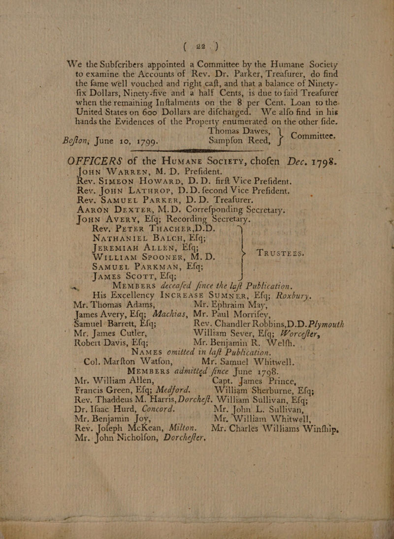 ( 92.) We the Subfcribers appointed a Committee by the Humane Society to examine the Accounts of Rev. Dr. Parker, Treafurer, do find the fame well vouched and right caft, and that a balance of Ninety- fix Dollars, Ninety-five and a half Cents, is due to faid Treafurer when thé remaining Inftalments on the 8 per Cent. Loan to the. United States on 600 Dollars are difcharged. We alfo find in his hands the Evidences of the Property enumerated: on the other fide. Thomas Dawes, ; Bofton; June 10, 1799. Sampfon Reed, P Committee. rE . OFFICERS of the Humane Society, chofen Dec. 1798. _ Joun Warren, M.D. Prefident. | Rev. Simson Howarp, D.D. firft Vice Prefident. Rev. Joun Laturop, D.D.fecond Vice Prefident. Rev. SAMUEL ParkKeER, D. D. Treafurer. Aaron Dexter, M.D. Correfponding Secretary. Joun Avery, Efq; Recording Secretary. . 2 Rev. Perer THACHER,D.D. Hi NATHANIEL Batcu, Efq; JereMiaH ALLEN, Efq; | T. te Wititram Spooner, M.D... hoa adeg eb gt SAMUEL PARKMAN, Efq; | James ScorTt, Efq; ¥ oe MEMBERS deceafed fince the laft Publication. His Excellency INcREASE SUMNER, Efq; Roxbury. Mr. Thomas Adams, Mr. Ephraim May, James Avery, Efq; Mdachias, Mr. Paul Morrifey, 1 Samuel ’ Barrett, Efq; Rev. Chandler Robbins,D.D. Plymouth . Mr. James Cutler, William Sever, Efq; Worcefter, Robert Davis, Efq; Mr. Benjamin R. Welfh. . . NAMES omitted in laft Publication. : : Col. Marfton Watfon, Mr. Samuel Whitwell. f MEMBERS admitted fince June 1708. Mr. William Allen, Capt. James Prince, Francis Green, Efq; Medford. William Sherburne, Efq; Rev. Thaddeus M. Harris, Dorche#. William Sullivan, Efq; Dr. Haac Hurd, Concord. Mr. John L. Sullivan, Mr. Benjamin. Joy, Mr. William Whitwell, Rev. Jofeph McKean, Milton. Mr. Charles Wilhams Winhhip, Mr. John Nicholfon, Dorchefer, 7 