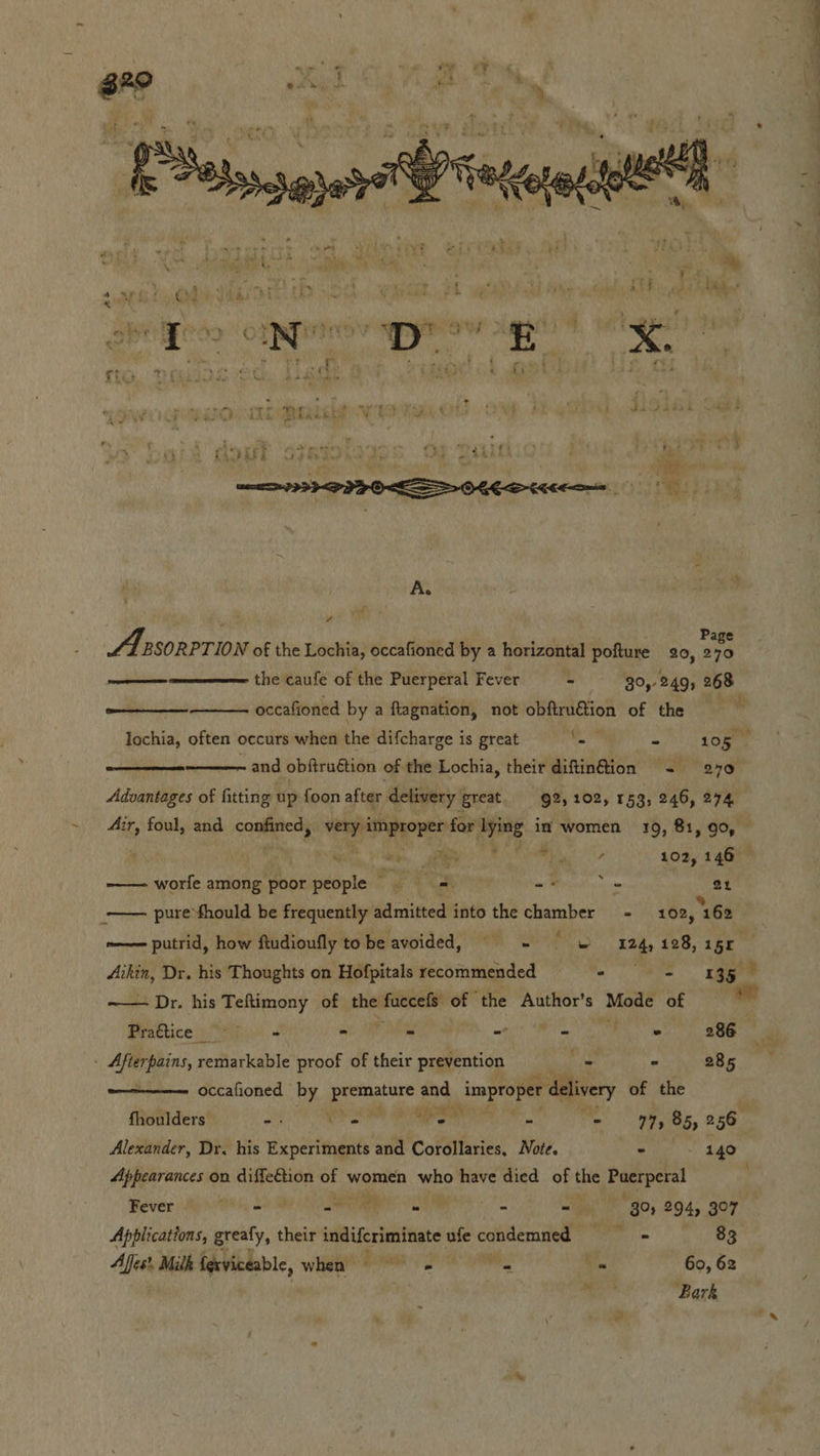  x ‘ i - os &amp; % ‘ ee F ae a % {% : . : My Qe eeteeso OT RY i en laine 5 X. e, F t 7 tt i a Ri A. 4 P A. BSORPTION of the Lochia, occafioned by a horizontal pofture 20, ine the caufe of the Puerperal Fever - 30,- 249, 268     occafioned by a ftagnation, not obftru€tion of the lochia, often occurs when the difcharge is great - =) Ome ———— and obftruétion of the Lochia, their diftin@ion + 270  Advantages of fitting up foon after delivery great 92, 102, 153, 246, 274 Air, foul, and confined, very improper for lying in women 19, 81, 90,   iy, ge REL Ss 102, 146 — -—— worfe among poor people oe ie -+ a : 21 pure*fhould be frequently admitted into the chamber - 102, 1 62 ~—— putrid, how fludioufly tobe avoided, =§ = = —sa124, 128, 158 a Dr. his Thoughts on Hofpitals recommended . i on ~— Dr. his Teftimony of the paren valk ‘the Author’s ye oa of Practice 3 “pio, - * - - © 286 . Afierpains, remarkable proof of their prevention _ - 285 occafioned by ge and improper delivery of the fhoulders -: ae er - . 7, 85; 256 Alexander, Dr. his Experiments and Corollaries, Note. eater Or. Appearances on diffe€tion of women who have died of the &gt; a ar: Fever - ff) 5, Li ihe Si a OS a - - 90; 294, 307 Applications, greafy, their indifcriminate ufe condemned nw 83 Affs:, Milk (grviceable, when we - Go, 62 ‘Bark