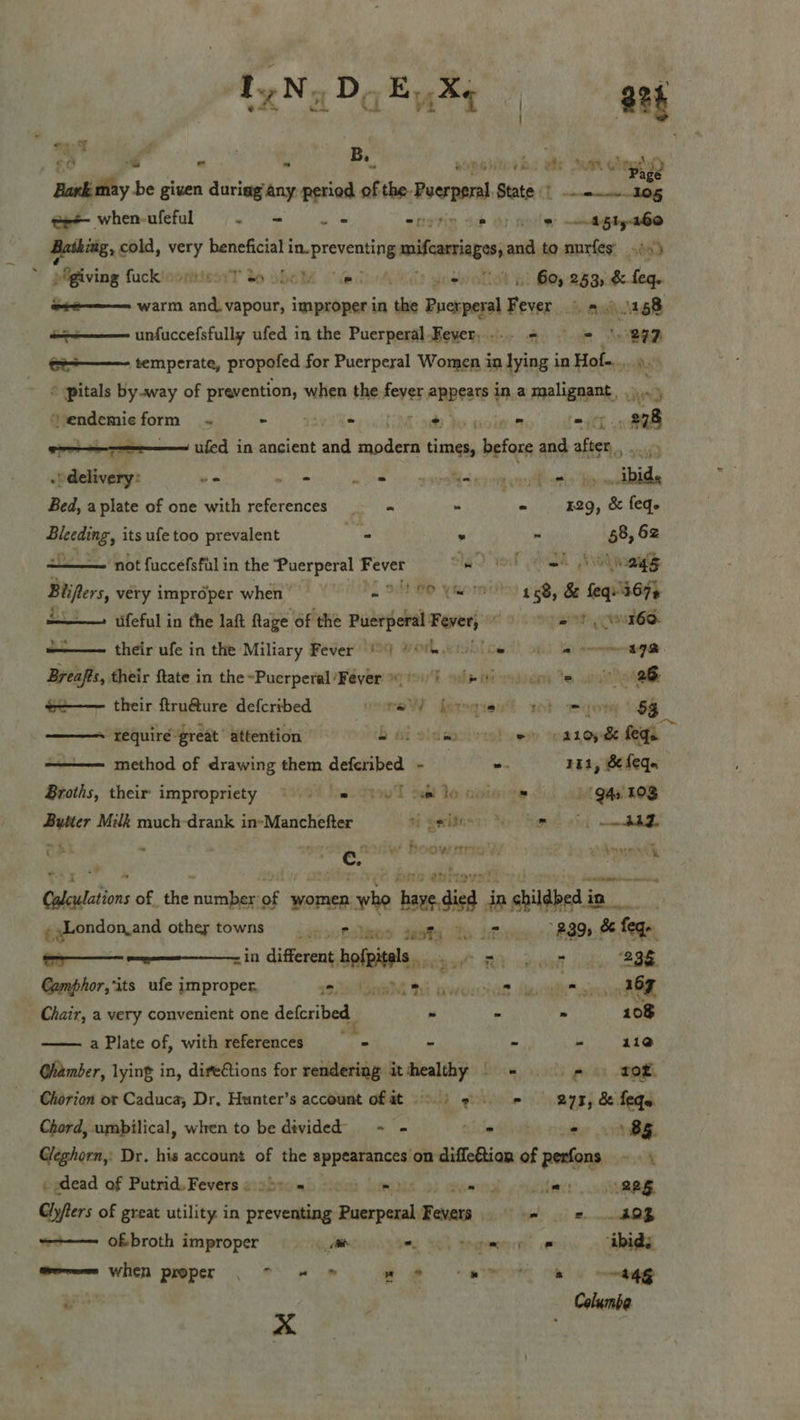 &lt;3 , 3: | f Be Bil “~ * ” rms ete So Glew Page hark tiny be given durisg’any period of the- Posen Betad ince eee when-ufeful ae Mn ta enytis Gm Or polls elf ye@ Bathing, ¢ cold, pe! beneficial i Spb Hoss Wega and to nurfes 46s) ~ ) giving fuck’ iT 36 Sho Ove dnd nee - Go, 253, &amp; he ——— warm ses ey improper in the Poepenl Pa oa 58 —— unfuccefsfully ufed in the Puerperal .Fever,..- = = \ _ oe temperate, propofed for Puerperal Women in yi in Hof... *“ pitals by.way of ouhecae when the feyer appears i in a moalignanty      Seendemieform .« - + tod do wolein ~, —s ea led in ancient and mpduel times, before and iste nut - delivery: as ihe 4 hy vases ong cP ottie tipo Ibid. Bed, aplate of one with references « - « 129, &amp; feq. ei its ufe too prevalent . » - 58, 6z — not fuccefsfil in the Puerperal Fe ever Sa oT eth Aveo Bliflers, very improper when ~ 2 PO ymomhn peB, &amp; feqredzy ——— iifeful in the laft ftage of the Puerperal ror paint: cond. _ their ufe in the Miliary Fever © YOUR 0 ce) a omen Breafis, their ftate in the ~Pucrperal Fever) 10)'f oe vcms te 7 9 =+—— their ftru@ure defcribed sacra feisqies$ aot regan 6g require great ‘ attention ee as feqs © method of drawing them defcribed - -. 111, &amp; {equ Broths, their impropriety O48 Ireotow'l ted Fo. ovire (94s LOS Butter Milk much drank in-Manchefter HE yeiSne ys Ny Fa vil c+ - 37 ce w boowsrricy eps Prd: ac “ SYS LEG NC PMS BM QVATE Part on deem Calculations of the number of women: who haye.died in ¢ shildbes in éx sLondon.and othe towns et fues sey ot 88 &amp; feq. wee -in diderers hofpitels. . § =. Lo 238 Camphor,its ufe improper, —, ROE MRR er oO: (167 Chair, a very convenient one defcribed - - . 108 a Plate of, with references —S = - . ~ 11@  Ghamber, lying in, diretions for rendering ithealthy = =») Tox. Chorion or Caduca, Dr, Hunter’s account ofat ©) #27, &amp; feqe Chord, umbilical, when to be divided’ = - ey claw Stat - 8% Cleghorn, Dr. his account of the appearances on diffeétion of neon mink _ dead of Putrid. Fevers « - = me is 228 Clyfers of great utility in ‘eveiile se Fevers om te AOE =+-— ofbroth improper tit. *. ~~ os ‘ibids weree when proper - 7 = » 2 setepoy of ~a4g ae Columba a