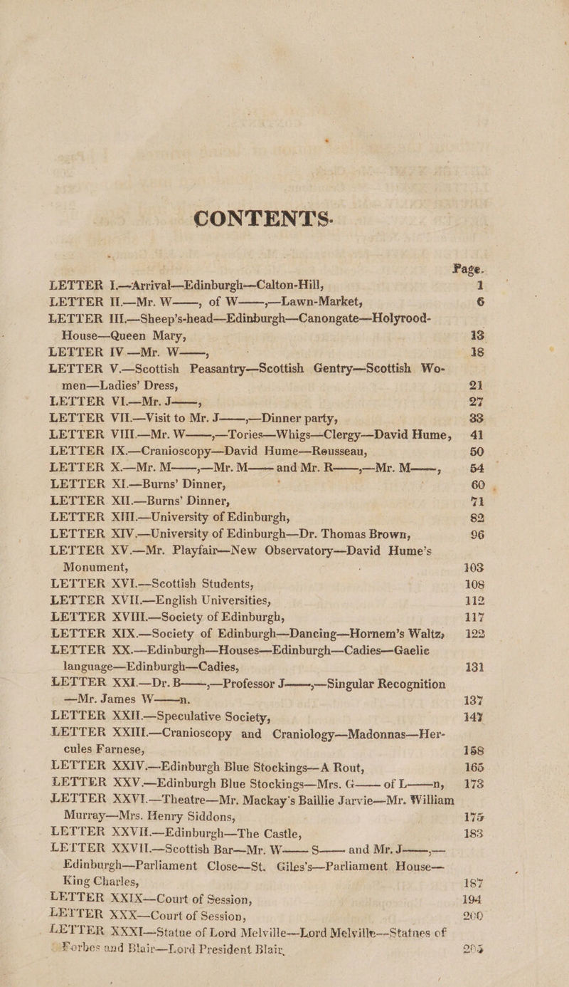 CONTENTS. LETTER J.—Arrival—Edinburgh—Calton-Hill, LETTER I1—Mr. W——, of W——,—Lawn-Market, LETTER I1i.—Sheep’s-head—Edinburgh—Canongate—Holyrood- House—Queen Mary, LETTER IV —Mr. W—-, 7 LETTER V.—Scottish Peasantry—Scottish Gentry—Scottish Wo- men—Ladies’ Dress, LETTER Vi—Mr. J LETTER VII.—Visit to Mr. J. LETTER VIII.—Mr. W LETTER IX.—Cranioscopy—David Hume—Reusseau, LETTER X.—Mr. M »—Mr. M—— eae Mr. R. »—Mr. M——, LETTER XIi.—Burns’ Dinner, LETTER XII.—Burns’ Dinner, LETTER XII.—University of Edinburgh, LETTER XIV.—University of Edinburgh—Dr. Thomas Brown, LETTER XV.—Mr. Playfair—New indi Nn Hume’s Monument, LETTER XVI.—Scottish Students, LETTER XVII.—English Universities, LETTER XVIII—Society of Edinburgh, LETTER XIX.—Society of Edinburgh—Dancing—Hornem’s Waltz, LETTER XX.—Edinburgh—Houses—Edinburgh—Cadies—Gaelie language—Edinburgh—Cadies, LETTER XXI—Dr. B—~,—Professor J-———~,—Singular Recognition —Mr. James W——n. LETTER XXII.—Speculative Society, LETTER XXIII.—Cranioscopy and Craniology—Madonnas—Her- cules Farnese, LETTER XXIV.—Edinburgh Blue Stockings—A Rout, LETTER XXV.—Edinburgh Blue Stockings—Mrs. G   »—Dinner party,    of L——n,  Murray—Mrs. Henry Siddons, LETTER XXVIi.—Edinburgh—The Castle, LETTER XXVII.—Scottish Bar—Mr. W. Ss and Mr. J:    King Charles, LETTER XXIX—Court of Session, LETTER XXX—Court of Session, _ LETTER XXXI—Statue of Lord Melville—Lord Melville-—Statues of - Forbes and Blair—Lord President Blair.