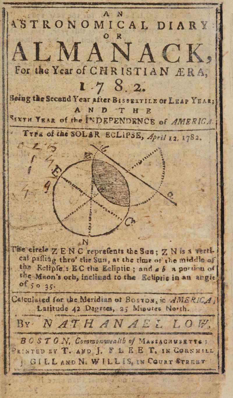 a AS ASTRONOMICAL. DIARY. ‘For Hever of CHRISTIAN ERA: eae t Being the Second Aas Bissextiie or Lap Yrs; 7 q Ee Ge BND. WT OR : Seer Year of the INDEPENDENCE of AMERIC. en Tere of che SOLER ECLIPSE, ail 1782. Os ~S os = oN. s a bse cieete z EN Cc Laicban the Sua; 7 Ni is 4 ‘veett ; g| cal pafliag thro’ che Sun, at the time of che middie of | fi 3 _ the Eclipfe!: , EC the Esliptic ; and 2 6 a porting of tc fhe Meon's. orb inchnee to the a5. in an mis | alse 458. ; ip | {Celcataiea fat: Te Meridian ot pare, in aMae. cst if || Be ‘NATHANAEL Low, 1 Bo $ TO. N, ‘Commsinqeaith of Was tienes eee) 3 EE Nile BY T.ayn, : Fo&amp; B E T..1n. Gear usut | s Gi LL anp Ni w I LLIS, e iN Couar Stacer | | 