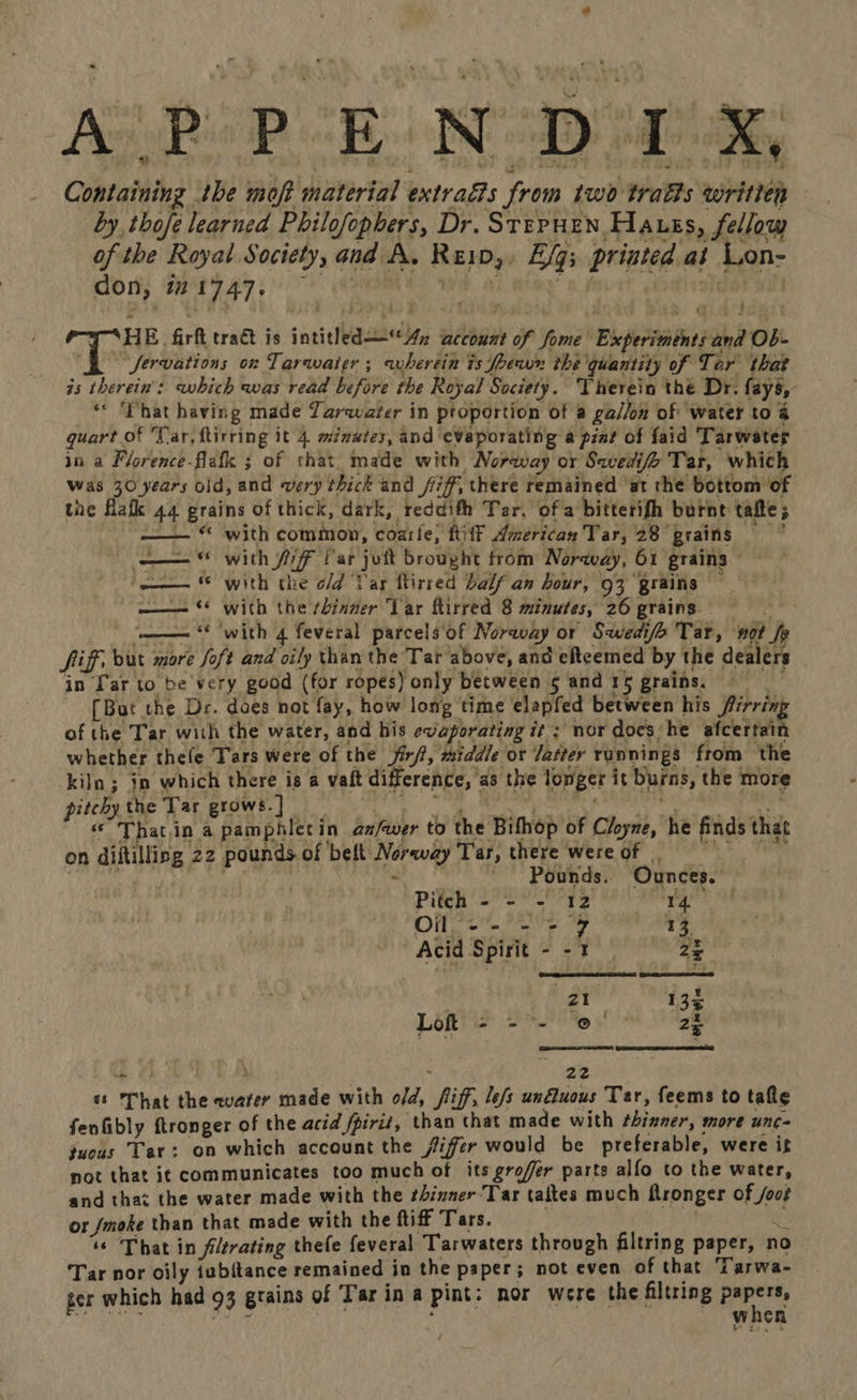 * BP. clog okt Dany Ole Our Gens. ; ‘¥, . . Bi ith i } 10S ae DP est Containing the moft material extradis from two trads written by thofe learned Philofopbers, Dr. Srepuzn Hauss, fellow of the Royal Society, and A, Reip,. E/q; printed at Lon- sr Recto a ser es Roabers aro oes ter 7 SHE firft tract is intithed—“*4n account of fome Experiments and Ob- ¥ “Jervations on Tarwater ; avhertin is foewn the quantity of Tar that is therein: which was read before the Royal Society. Therein thé Dr. fays, ‘* That having made Taravater in proportion of a gallon of water to 4 quart of Sar, ftitring it 4. minutes, and evaporating a pint of faid Tarwater in a Florence-flafk 3 of that_ made with Norway or Savedi/f> Tar, which Was 30 years old, and very thick and ff, there remained at the bottom of the flatk 44 grains of thick, dark, reddifh Tar. of a bitterifh burnt talte; —— “ with common, coarle, ftitf American Tar, 28 grains =~ —— © with fF Var jutt brought from Noravay, 61 grains — © with the o/d Var ftirred balf an hour, 93 grains — —— * with the ¢hinner ‘Lar ftirred 8 minutes, 26 grains = | ‘with 4 feveral parcels of Noraay or Swedifo Tat, not fp Sif, but more foft and oily than the Tar above, and efteemed by the dealers in Tar to be very good (for ropes) only between 5 and 15 grains. [But the Dr. does not fay, how long time elapfed between his firring of the Tar with the water, and his evaporating it: nor docs he afcertain whether thefe Tars were of the jir/?, middle or Jatter runnings from the ‘kiln; in which there is a vaft difference, as the longer it burns, the more pitchy the Tar grows. ] ‘“That.in a pamphletin an/wer to the Bifhop of Cloyne, he finds that on diftilling 22 pounds of belt Norway Tar, there were of | | il tei i ats PO Pom wih * Pounds. Ounces.    : Pitch 2 es © ‘12 14. OMe ae 9 13 Acid Spirit - -1 | 25 3 hares * Wings Lot - --- © 25 ” 22 ‘ That the earer made with o/d, fliff, le/s un€uous Tar, feems to tafe fenfibly ftronger of the acid fpirit, than that made with thinner, more une juous Tar: on which account the fiffer would be preferable, were ig not that it communicates too much of its grofér parts alfo to the water, and that the water made with the thinner Tar taites much flronger of /oot or /moke than that made with the tiff Tars. BS, @ ‘© That in filtrating thefe feveral Tarwaters through filtring paper, no Tar nor oily iubitance remained in the paper; not even of that Tarwa- ter which had 93 grains of Tar in a pint: nor were the filtring it