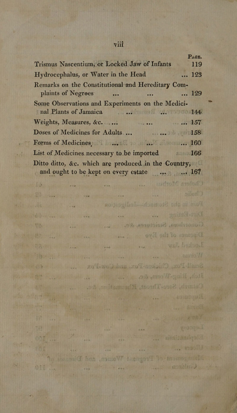 Vill AGE. Trismus Nascentium, or Locked Jaw of Infants 5 19 Hydrocephalus, or Water in the Head -- 123 Remarks on the Constitutional and Hereditary Com- plaints of Negroes a ove oae Some Observations and Experiments on the Medici- nal Plants of Jamaica gv eel oud 144: Weights, Measures, &amp;c. .... rere eo DST Doses of Medicines for Adults. ... en gawd 158 Forms of Medicines; . .. 1. aot: ai .-. 160 List of Medicines. necessary to.be imported ‘166 Ditto ditto, &amp;c. which are produced.in the Country, and ought to be kept on every estate «2 ae 167