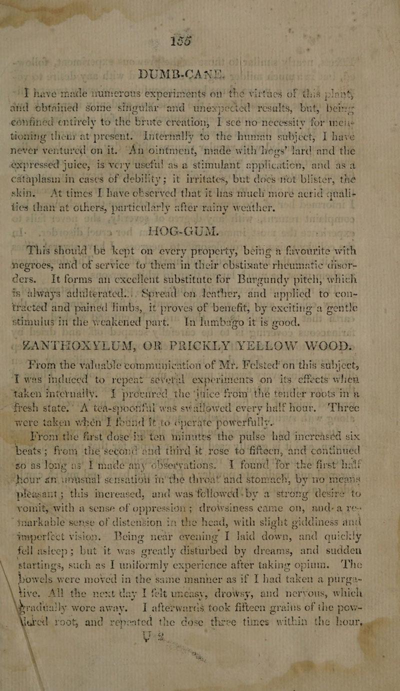  5 | DUMB-CAN q hAwatthade Witterons experiménts on the vintaes of this plang anid obtairied sore singular ‘and unexpected” results, but, beim eonfined entirely to the brute creation, I see no necessity for me tioning then: at present. Internally to the human eubject, I Rav never ventured’ on it. “An ointment, made with hoes’ lard and the expressed j juice, is very useful as a stimulant application, and as ‘a cat Miser in cases of debility; it irritates, but does not blister, the skin. At times T have observed that it has much more acrid quali+ ties than’ at others, particularly after rainy weather. dl. vobiodh busted - HOG-GUR This should be kept on every property, beiti¢ bh favourite with negroes, and of service to them in their obstinate rheumatic disor ders. It forms an cxcellent substitute for Burgundy piteh, whiel ts ahways adulterated... ‘Spread on leather, and applied to ‘con- tracted and pained limbs, it proves of benefit, by exciting’ a gentle stimulus in the weakened part. In lumbago it is good. BAN THOXY LU M, OR P. RICKLY: YEE LOW WOOD. From the valuable communicatio ottof Mr. Welsted’ on this subject, ‘T was induecd to repeat several experiment s on its effects when taken inter nally. ¥ preeured the ‘a from’ the tender roots in k fresh state. A tea-spoontal was swallowed every half hour. ‘Three were taken whén'T found ff to ¢ sperate: powerfully. is tb .* From the first dose. in ten minutes the pulse had a hah six beats; from the’secont and third it rose to ‘fifteen, and continued ‘so as long as’ I made any obseryations. I found fr the first half hour am inmsnal sensation in'the throat and stomach, by no means pleasant this increased, and was fellowed-by a ‘strong desire to vomit, with a sense of o; ppression ; ; droivsiness came on, and-a re- snarkable sense of disten! sion in the head, with s! light giddiness ant i imperfect vision. Being near evening I Jaid down and quic lily fell asleep ; but it was ‘ereatly y disturbed by dreams, and sudden startings, : uch as I uniformly experience after taking Opinin, The bow els, were moved in the same manner as if I had taken a purga- hive: AM the next ey I felt um casy, drowsy, and nervous, which. dradtally wore away. I afterwards took fifteen graiis of the pow-     jared. root, and repeated the dose there times “within the hour, Wa. ey,  