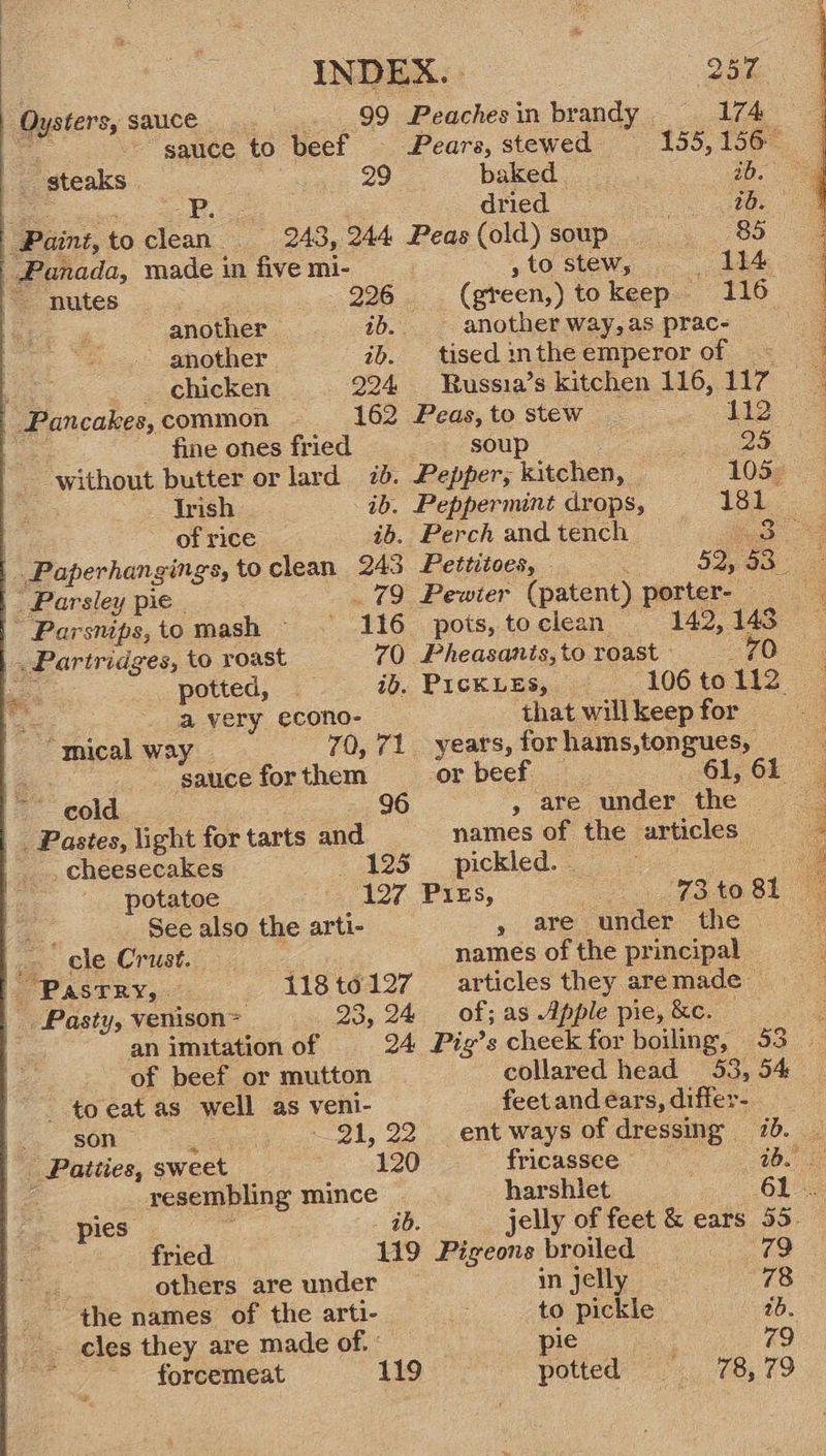  forcemeat 119 potted: 774. 08; 79  PONE EN ORT Ae pg naa SN Te  sypterss sauce... __ 99 Peaches in brandy 174 sauce to beef — Pears, stewed 155,156 7 - steaks 29 baked id. AS: dried. ay Tae. | Paint, to clean 243, 244 Peas (old) soup ey. 80 Panada, made in five mi- » to stew, 114 ~~ nutes 226 (green,) tokeep 116 i another ib. another way, as prac- another ib. tisedintheemperor of ; _ chicken 924 Russia’s kitchen 116, 117 Pancakes, common 162 Peas,to stew | 412 fine ones fried soup Pe a” ‘without butter or lard 7. Pepper; kitchen, 105° - Irish ib. Peppermint drops, 18h. of rice ib. Perch andtench _ Bo _Paperhangings, to clean 243 Pettitoes, - : 52, 53 ce Parsley pie | _ 79 Pewier (patent) porter- Parsnips,to mash — 116 pois, tociean 142,143 © »Pariridges, to roast 70 Pheasanis,toroast 70 bd potted, | ib. Prckues, _—s-_—« 106 to 2 ae: a very econo- that will keep for “mical way | 70,71 years, for hains,tongues, a sauce for them or beef. 61, 61 ~~ cold 96 » are under the — _ Pastes, light for tarts ane names of the articles ., cheesecakes +195 .. pickled. 2.77 in potatoe 127 Pixs, . ‘73 to 81 See also the arti- » are under the “2 cle Crust. names of the principal - Pastry, 118t0127 articles they aremade— Pasty, venison &gt; 23, 24 of; as Apple pie, &amp;c. an imitation of 94 Pig’s cheek for boiling, 53 of beef or mutton collared head 53, 54 ~~ to eat as well as veni- feetand ears, differ- son +91, 22 entways of dressing 1. . _ Paities, sweet 120 fricassee De ae resembling mince harshlet 61. pies 16. jelly of feet &amp; ears 35. fried 119 Pigeons broiled 79 others are under _ in jelly 78 _ the names of the arti- to pickle ib. _. cles they are made of. ° pie 79