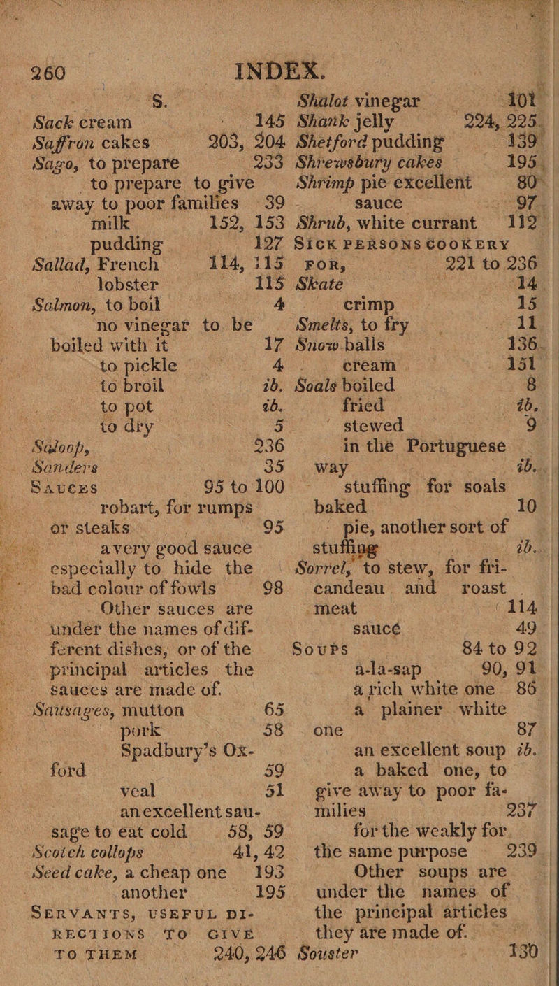 Sack cream - 145 Saffron cakes 203, 204. Sago, to prepare 233 to prepare to give away to poor families 39 - milk 152, 153 pudding 127 Sallad, French 114, 315 lobster eek Salmon, to boik 4 no vinegar to be boiled with it 17 to pickle 4 to broil ib. to pot 20. nce Se to diy 5 —S@loop, 236 Sanders 35 Sauces 95 to 100 robart, for rumps or steaks 95 ie avery good sauce - especially to hide the ‘bad colour of fowls - Other sauces are under the names of dif- ferent dishes, or of the principal articles the — - gauces are made of. ne, mutton pork Spadbury’s Ox-  98 ford veal anexcellent sau- sage toeat cold 58, 59 Scotch collops 41, 42 Seed cake, acheap one 193 another 195 RECTIONS TO GIVE TO THEM 240, 246  Shalot vinegar ToL Shank jelly 224, 225. Shetford pudding =: 139° Shrewsbury cakes 195, | Shrimp pie excellent 80° ~ sauce S97, Shrub, white currant 112 Sick PERSONS COOKERY FOR, 221 to 236 Skate — eae | crimp 15 Smelts, to fry il Snow-balls 136 cream 151 Soals boiled fried 2b, ' stewed 9 in the Portuguese | way bs Dag stuffing for soals baked ' pie, another sort of stuff Sorrel, ‘to stew, for oie © candeau and roast meat ‘114 sauce 49 Soups 84 to 92 a-la-sap 90, 91 arich white one 86 a plainer white one 10 an excellent soup 7d. a baked one, to give away to ‘poor fa- milies 237 for the weakly for, the same purpose Other soups are under the names. of: they are made si Souster | 