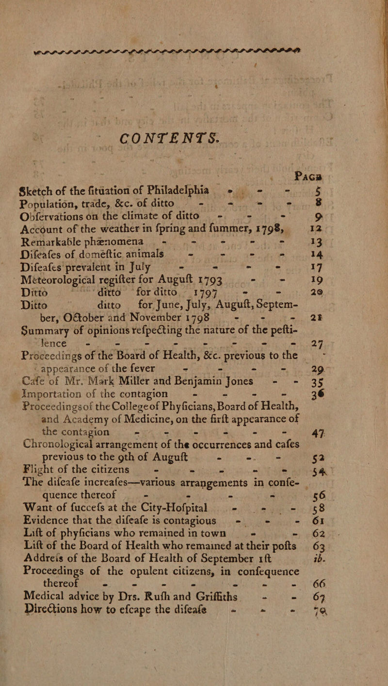 =vhy EY at | | Paca Sketch of the fituation of Philadelphia - - = - g Population, trade, &amp;c. of ditto Pam - > 3 Obfervations on the climate of ditto - ~ = > Account of the weather in {pring and fummer, 1798, 12 Remarkable phenomena - — - - - 13 Difeafes of domeéftic animals —s_ = ~ » - 14 Difeafes prevalent in July - CM 17 3 Meteorological regifter for Auguft ice - - 19 Ditto ‘ditto “for ditto. 1797 ~ 29 Ditto ditto —_ for. June, July, Auguft, Bede: ber, OGober and November 1798 - - - 28 Summary of ee refpecting the nature of the pefti- fence 7 - - - - - ray! Proceedings of the Board of Health, Re. previous POLAE pts _ “appearance of the fever ~ - ~ 29. Cafe of Mr. Mark Miller and Badin Late - = 35 Importation of the contagion - 36 Proceedingsof the Collegeof Phy GoutreiBoard ae Health, and Academy of Medicine, on the firft afta’ of the contagion ~ - - 47. Chronological arrangement oF theo occurrences and cafes previous to the gth of Auguft > -- = $2 Flight of the citizens - -— = ~ Sa The difeafe increafes—various arrangements in confe- | quence thereof ~ z e 56 Want of fuccefs at the City-Hofpital eine gar smis 158 Evidence that the difeafe is contagious - = - 61 Lift of phyficians who remained in town > 62 Lift of the Board of Health who remained at their Pati 63 Addreis of the Board of Health of September 1ft ib. Proceedings of the apvient EI in Js esa aa thereof = s RUA Medical advice by iis. Ruth and Griffiths “ - 67 PLP LP PPI LPI LLL LL LLP LP LD LP PLL PLP PLLA é CONTENTS. Directions how to efcape the difeafe - - = 