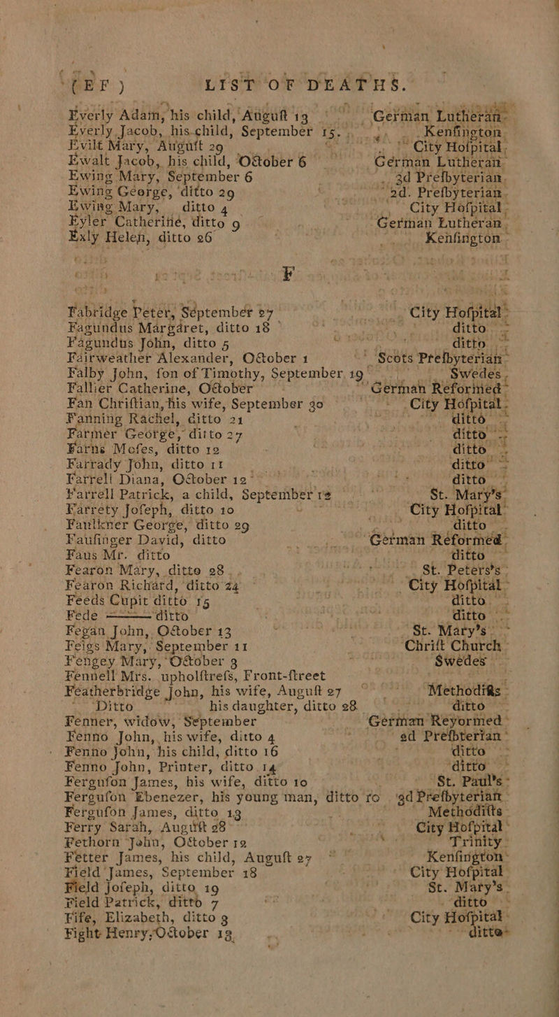 ‘  EF ) LIST OF DEATHS. Everly Adan. his child Atiout 1 oie ce German Lutheran verly Jacob, his.child, September 15. Sh Kenfington Evilt Mary, Auguft 29 : City Hofpital. Ewalt Jacob, his child, O&amp;ober6 German Lutheran Ewing Mary, September 6 . 3d Prefbyterian, Ewing. George, ‘ditto 29 he ri: ‘od. Prefbyterian. Ewing Mary, ditto 4 me _ City Hofpital - Eyler Catherine, ditto gens : German Lutheran. aly Helen, ditto «6 ‘ pe Kenfington kere o | Ra TG Sint) a K % : a “t a Fabridee Peter, September 27 bee - City nee i’ Fagundus Margéret, ditto 18 © ' CAME OL palate OO eeas Fagundus John, ditto 5 O yoke ditto. e Fairweather Alexander, O&amp;ober 1 Scots Prefbyterian Falby John, fon of Timothy, cae Be to Se Swedes , Fallier Catherine, O&amp;tober ~' German Pa Fan Chriftian, his wife, September go ‘Bose ACR Beet Fanning Rachel, ditto 24  . tie Farmer George, ‘ditto 27 : _ ditto Farnese Mofes, ditto 12 dag Bi ditto. of Farrady John, ditto rr nt P ae 7 Farrell Diana, Ofober 12° | at. ‘ditto — Yarrell Patrick, a child, September 6, aN St. Mary el Fartrety Jofeph, ditto 10 ais. _ City Hofpital: Fanlkner George, ditto 29 Peres, CitEO Faufinger David, ditto Getman Reformed Faus Mr. ditto : . ditto Fearon Mary, ditte 28 . Hbh: Gite. SPP aberee Fearon Richard, ‘ditto 24 ; pene Cy Fae Feeds Cupit ditto 15 fun ditto — Fede = ‘ditto e . ditto Fegan John, Oober 13 : ae Rae St. “Maty’ he Feigs Mary, September 11 | ‘Chritt Church Fengey Mary, October 3 paws Swedes — Fenvell Mrs. upholftrefs, Front-ftreet : Featherbridge John, his wife, Augufte7 © ‘Metnoaias qo OTSLO his daughter, ditto 28 Sy ditto Fenner, bai hit September oy German ‘Reyormed > Fenno John, his wife, ditto 4 ethers. ed Prefbterian ° Fenno John, his child, ditto 16 fs ditto Fenno John, Printer, ditto. 14 | ‘ditto Fergufon James, his ‘wife, ditto 10 ‘St. Paul's: Fergufon Ebenezer, his young man, ditto fo gd Prefbyterian - Fergufon James, ditto 13. Methoditts | Ferry Sarah, Augiwtt 38 biaeate City aE Fethorn John, Oétober 12 ey Trinity - Fetter James, his child, Augufte, ~ Kenfington- Field James, September 18 © City Hofpital Field jofeph, ditto 19 : rw Ee Mary's. | Field Patrick, ditto 7 a: ; as ditto —- Fife, Elizabeth, ditto 3 dirt Hof ital Fight Henry, October Tee wre ~~ dittas _—S eee ee