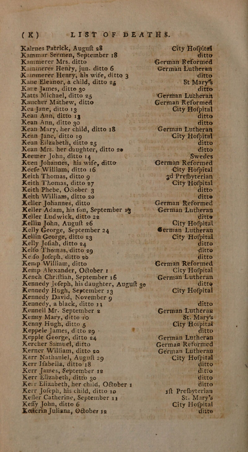 Kairnes Patrick, Auguft 28 Kammar Sermen, September 18 Kammerer Mrs. ditto Kaminerer Henfy, jun. ditto 6 Kammerer Henry, his wife, ditto 3 Kane Eleanor, a child, ditto 2g Kare James, ditto go Katts Michael, ditto 25 Kaucher Mathew, ditto Kea Jane, ditto 13 Kean Ann, ditto 13 Kean Ann, ditto 30 Kean Mary, her child, ditto 18 Kean Jane, ditto 19 Kean Eilzabeth, ditto 2 Kean Mrs. her daughter, ditto oe Keemer John, ditto 14 Keen Johannes, his wife, ditto Keefe William, ditto 16 Keith Thomas, ditto 9 Keith Thomas, ditto 27 Keith Phebe, OSober 3 Keith William, ditto 20 Keller Johannes, ditto Keller Adam, his fon, September 1% Keller Ludwick, ditto 22 Ty Kellin John, Auguift 26 Kelly George, September 24 Kellin George, ditto 23 Kelly Jofiah, ditto 24 Kelfo Thomas, ditto 29 Keifo Jofeph, ditto 26 Kemp William, ditto Kemp Alexander, October r _ Kench Chriftiah, September 16 Kennedy Hugh, September 13 Kennedy David, November 9 Kennedy, a black, ditto 14 Kennell Mr. September 2 Kenny Mary, ditto ro Kenny Hugh, ditto 5 Keppele James, ditto 29 - ® Kepple George, ditto 24 Kercher Samuel, ditto Kerner William, ditto eo Kerr Nathaniel, Auguft 29 Kerr Ifabeila, ditto 18 Kerr James, September t¢2 Kerr Elizabeth, ditto 30 Kerr Elizabeth, her child, O&amp;ober 1 Kerr Jofeph, his child, ditto 10 Kefler Catherine, September 13 Keffy John, ditto 6 Kedlerin Juliana, Oftober 12 City Hofpitat — f ditto. German Reformed — German Lutheran bay “German Lutheran | German Reformed City Hofpital — © ditto ditto . German ies +b ‘City Hofpital’ . . ditto. ditto” (Swedes - German Reformed | | City Hofpital gd Prefbyterian City Hofpital err: ties 2° ARE ‘German Reformed © Gernian Lutheran ditte City Hofpital” Gérinan Lutheran City Hofpital . ditto — ditto ‘ditto German Reformed . ‘City Hofpital German Lutheran | ditte — City Hofpital ditto. ‘German Lutherar ‘St.'Mary's | City Rig tig . eee oa OEE ‘German Lutheran German Reformed German Lutheran . City Hofpital — as 7 - ditto ditto ditto aft Prefbyterian St. Mary’s - City Hofpital — ‘ditte x “
