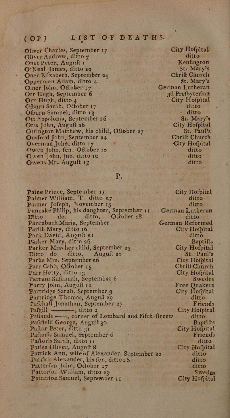 (OP) LIST OF DEATHS. Oliver Charles, September 17 City Hofpital Oliver Andrew, ditto 7 ditto Onet Peter, Auguft 1 Kenfington O'Neal James, ditto sg } St. Mary’s Oner Elizabeth, Septembér 24 Chrift Church _ Opperman Adam, ditto 4 St. Mary’s O:ner John, October 27 German Lutheran Orr Hugh, September 6 ' gd Prefbyterian Orr Hugh, ditto 4 City Hofpital Ofburn Sarah, October 17 ditto . Ofburn Samuel, ditto 13 - ditto Ott Appolonia, September 26 St. Mary’s Orts John, Auguft 26 City Hofpital Ottington Matthew, his child, O@ober 7 St. Paul’s Ousford John, September 24 Chrift Church Overman John, ditto 17 . City Hofpital Owen John, fen. October 10. ditto Owen john, jun. ditto1o ~* ditto Owens Mr. Auguft 17 ditto at Paine Prince, September 15 City Hofpital Palmer William, T. ditto 27 ditto Palmer Jofeph, November 15 ditto Pancake Philip, his daughter, September 11 German Lutheraa Ditto do. ditto, October 28 ditto Parenbach Maria, September German Reformed Parifh Mary, ditto 16 City Hofpital Park David, Augult 20 ditto Parker Mary, ditto 26 Baptifts Parker Mrs: her child, September 23 City Hofpital Ditto do. ditto, Auguit 20 St. Paul’s Parks Mrs. September 26 City Hofpital Parr Cabb, October 15 Chrift Church Parr Hetty, ditto 13 City Hofpital Parram Sufannah, September 6 Swedes Parry John, Auguft rt Free Quakers “Partridge Sarah, September 9 City Hofpital Partridge Thomas, Auguft 29 ditto Pafchall Jonathan, September 27 Friends Pafeill ——-——-, ditto 2 City Hofpital . Pafiands ——, corner of Lombard and Fifth-fireets ditto Pafsfield George, Augutt go Baptifts Paltor Peter, ditto 91 City Hofpital Paftoris Samuel, September 6 Friends Paftoris Sarah, ditto 11 ditto Paties Oliver, Auguift 8 City Hofpital Patrick Ann, wife of Alexander, September 20 ditto Patrick Alexander, his fon, ditto 26 ditto Patterfon John, October 27 . ditto Patterfon William, ditto 29 Swedes Patterfon Samuel, September 11 City Hofpital _