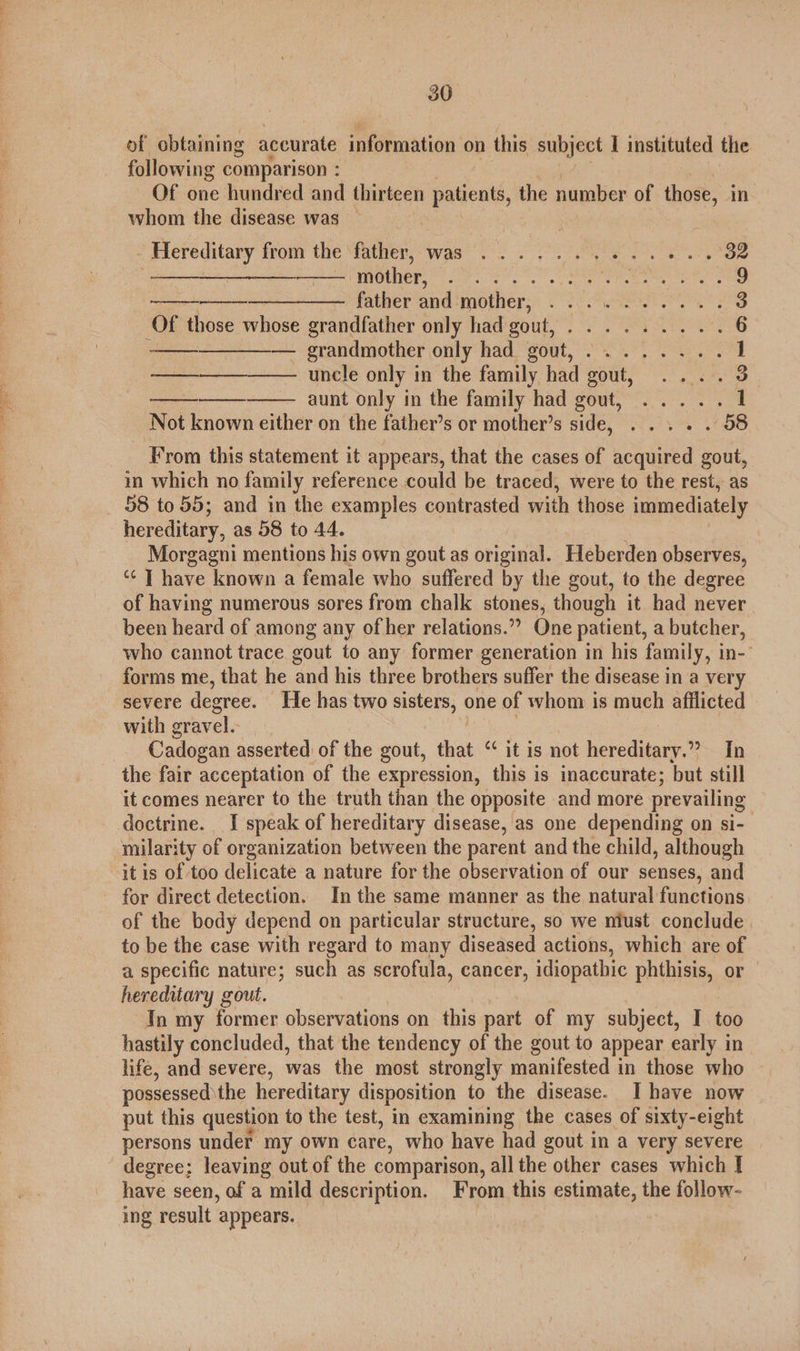350 of obtaining accurate information on this subject I instituted the following comparison : Of one hundred and thirteen patients, the number of those, in whom the disease was —           Hereditary from the ‘father, was... 6 ee 32 | eee mother, eee NPR gta tes 9 —— father and POLO. ¢ oc ere 3 Of those whose grandfather only had gout, ......... 6 ee — grandmother only had gout, ........ 1 San uncle only in the family had gout, .... 3 aunt only in the family had gout, ..... 1 Not known either on the father’s or mother’s side, {6.03% 1008 From this statement it appears, that the cases of acquired gout, in which no family reference could be traced, were to the rest, as 58 to 55; and in the examples contrasted with those immediately hereditary, as 58 to 44. Morgagni mentions his own gout as original. Heberden observes, ‘¢ | have known a female who suffered by the gout, to the degree of having numerous sores from chalk stones, though it had never been heard of among any of her relations.”” One patient, a butcher, who cannot trace gout to any former generation in his family, in-’ forms me, that he and his three brothers suffer the disease in a very severe degree. He has two sisters, one of whom is much afflicted with gravel. Cadogan asserted of the aout, that “¢ it is not hereditary.” In the fair acceptation of the expression, this is inaccurate; but still it comes nearer to the truth than the opposite and more prevailing doctrine. I speak of hereditary disease, as one depending on si- milarity of organization between the parent and the child, although itis of too delicate a nature for the observation of our senses, and for direct detection. In the same manner as the natural functions of the body depend on particular structure, so we miust conclude. to be the case with regard to many diseased actions, which are of a specific nature; such as scrofula, cancer, idiopathic phthisis, or hereditary gout. Tn my former observations on this part of my subject, I too hastily concluded, that the tendency of the gout to appear early in life, and severe, was the most strongly manifested in those who possessed the hereditary disposition to the disease. I have now put this question to the test, in examining the cases of sixty-eight persons under my own care, who have had gout in a very severe degree; leaving out of the comparison, all the other cases which | have seen, of a mild description. From this estimate, the follow- ing result appears.