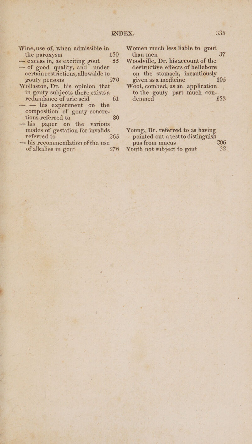 Wine, use of, when admissible in the paroxysm 130 — eXCess in, as exciting gout 55 — of good quality, and under certain restrictions, allowable to gouty persons 270 Wollaston, Dr. his opinion that in gouty subjects there exists a redundance of uric acid 61 ~- — his experiment on the _ composition of gouty concre- tions referred to —his paper on the various modes of gestation for invalids referred to 265 ~—- his recommendation of the use of alkalies in gout 276 Women much less lable to gout than men Woodville, Dr. his account of the destructive effects of hellebore on the stomach, incautiously given asa medicine 105 Wool, combed, asan application to the gouty part much con- demned 133 Young, Dr. referred to as having pointed out atestto distinguish pus from mucus 206 Vouth not subject to gout 33