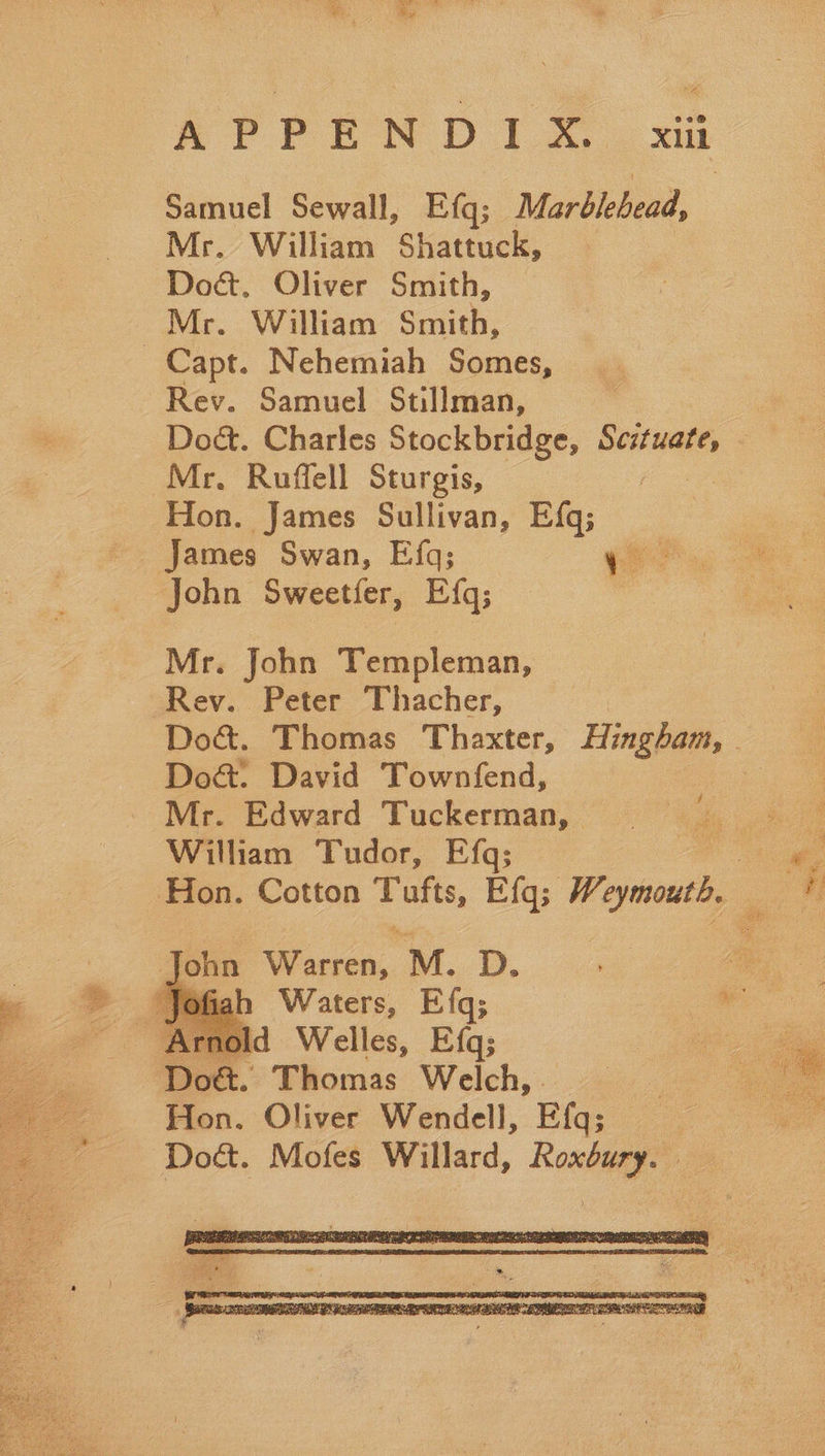  Samuel Sewall, Eta; Marblebead, Doé. Oliver Smith, Capt. Nehemiah Somes, Mr. Ruffell Sturgis, Hon. James Sullivan, Efq; James Swan, Efa; ae John Sweetfer, Efq; Mr. John Templeman, Rev. Peter Thacher, Doé. David Townfend, William Tudor, Efq; Hon. Cotton iasoag, Efq; Wom, John Warren, M. D.    Arnold Welles, Efq; Doét. Thomas Welch, . Hon. Oliver Wendell, Eig: Doct. Mofes Willard, Maes  