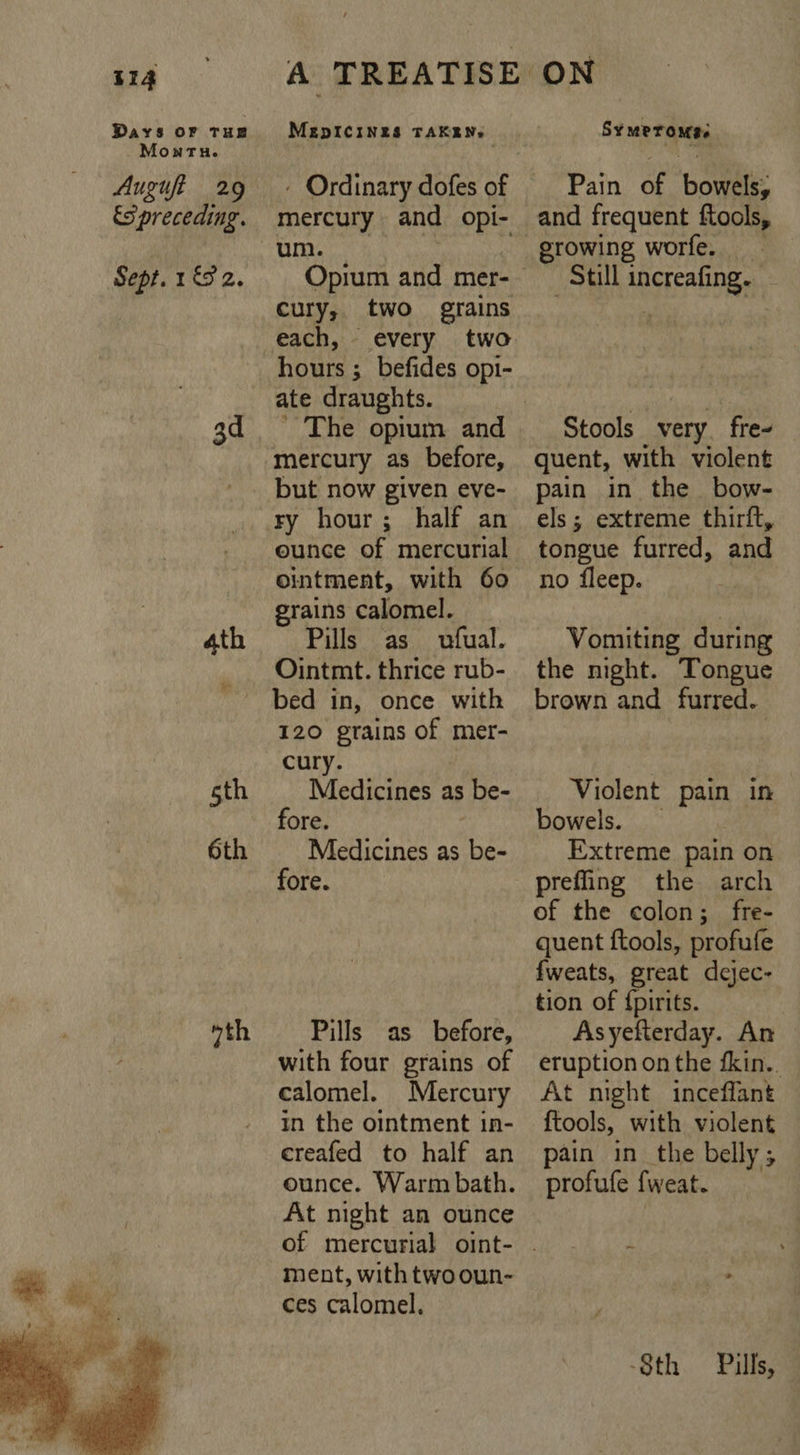 Days OF THE MonrTu. Augufi 29 ES preceding. Sept. 1&amp;9 2. 3d 6th oth  MEDICINES TAKRENs - Ordinary dofes of um. Opium and mer- CULy each, every two hours ; befides opi- ate draughts. _ mercury as before, but now given eve- ry hour; half an ounce of mercurial ointment, with 60 grains calomel. Pills as ufual. Ointmt. thrice rub- bed in, once with 120 grains of mer- cury. | Medicines as be- fore. Medicines as be- fore. Pills as before, with four grains of calomel. Mercury in the ointment in- creafed to half an ounce. Warm bath. At night an ounce ment, with twooun- ces calomel. Sy MeTOMES Pain oF ‘Dome and frequent ftools, Still ncteAlpeA Stools very. fre- quent, with violent pain in the bow- els; extreme thirft, tongue furred, and no fleep. Vomiting during the night. Tongue brown and furred. Violent pain in bowels. Extreme pain on prefing the arch of the colon; fre- quent ftools, profufe fweats, great dejec- tion of {pirits. Asyefterday. An eruption on the fkin.. At night inceflant ftools, with violent pain in_ the belly; profufe fweat. ‘Sth Pills,