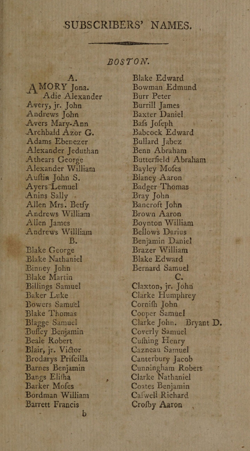 a oz \ MORY } Jona. _ Avery, jr. John Andrews John &gt;  Blake Edward Bowman Edmund Burr Peter . Burrill James Baxter Daniel. _Avers Mary-Ann Bafs Jofeph Archbald Azor G. Babcock Edward Adams Ebenezer Bullard Jabez - Alexander Jeduthan Benn Abraham . Athears George - Butterfield Abraham | Alexander Williara Bayley Mofes ' Auttia John S, - Blaney-Aaron. Ayers Lemuel _ Badger Thomas Anins Sally . Bray John Allen Mrs. Betfy Bancroft John Andrews William Brown Aaron Allen James Boynton William Bellows Darius Benjamin Daniel Brazer William Andrews Willliam - Blake George.  ~ Blake Nathaniel Blake Edward Binney John Bernard Samuel Blake Martin + @: Claxton, jr. Joha Clarke Humphrey Cornifh John 7 Cooper Samuel Clarke John. Bryant D. Coverly Samuel 3 Cufhing Henry Cazneau Samuel Canterbury Jacob Cunningham Robert Clarke Nathaniel Coates Benjamin ~ Cafwell Richard Crofby Aaron Billings Samuel Baker Luke Bowers Samuel Blake Thomas ~Blagge Samuel Bufley Benjamin Beale Robert Blair, jr. Victor Brodarys Prifcilla Barnes Benjamin Bangs Elitha Barker Mofes © — Bordman William Barrett Francis