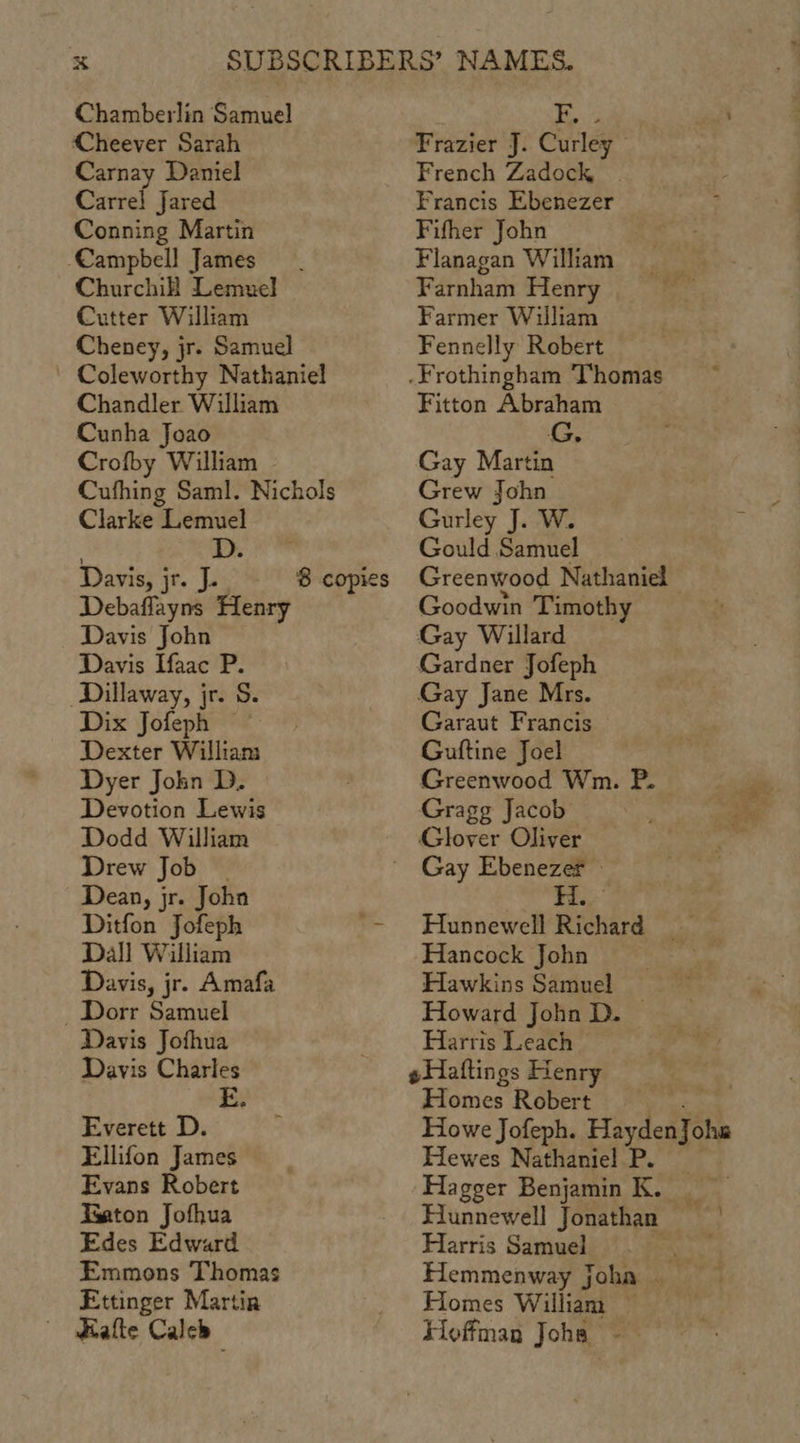 Chamberlin Samuel Cheever Sarah Carnay Daniel Carre! Jared Conning Martin Campbell James Churchill Lemuel Cutter William Cheney, jr. Samuel Coleworthy Nathaniel Chandler William Cunha Joao Crofby William - Cufhing Saml. Nichols Clarke Lemuel D Davis, jr. J. Debaffayns Henry Davis John Davis Ifaac P. Dillaway, jr. S. Dix Jofeph Dexter William Dyer Jokn D. Devotion Lewis Dodd William Drew Job Dean, jr. John Ditfon Jofeph Dall William Davis, jr. Amafa - Dorr Samuel Davis Jofhua Davis Charles BE Everett D. Ellifon James Evans Robert KGaton Jofhua Edes Edward Emmons Thomas Ettinger Martir dalte Caleb 4 aR Frazier J. Curley French Zadock Francis Ebenezer Fifher John Flanagan William Farnham Henry Farmer William Fennelly Robert .Frothingham Thomas Fitton Abraham G. Gay Martin Grew John Gurley J. W. Gould Samuel Greenwood Nathaniel Goodwin Timothy Gay Willard Gardner Jofeph Gay Jane Mrs. Garaut Francis Gutftine Joel Greenwood Wm. P. Gragg Jacob Gay Ebenezer Hi d Hunnewell Richard Hancock John Hawkins Samuel Howard John D. Harris Leach pHatftings Henry Homes Robert Hewes Nathaniel P. Hagger Benjamin K. Hunnewell Jonathan Harris Samuel ‘3 Homes William Toffman Joha ~-