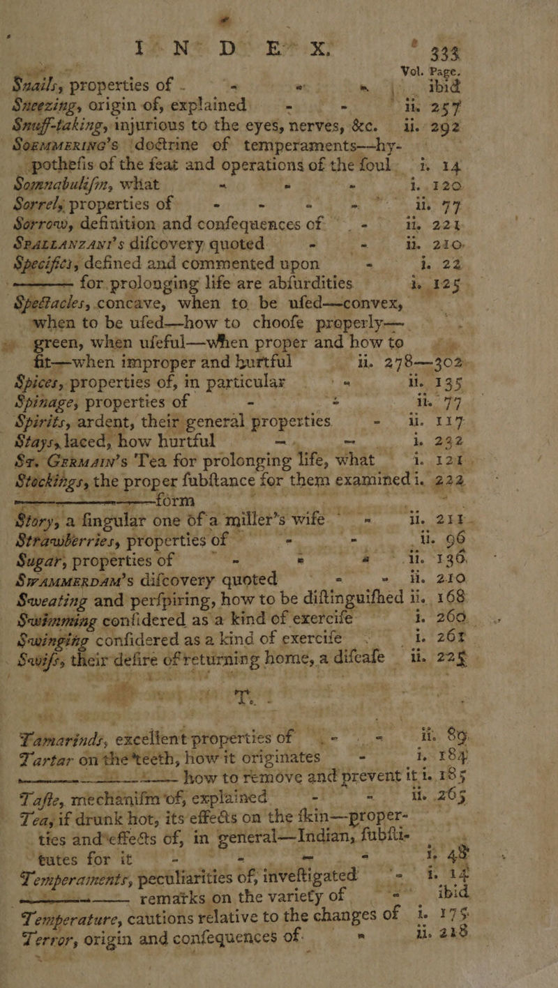 ee | TA N&amp; De EP ex? . 33% Svails,, properties of . on - Me: ibd Sneezing, origin of, akeahe - - ihe 257 Snuff-taking, injurious to the eyes, nerves, &amp;c. ii. 292 | Sozmamerine’s ‘doctrine of temperaments—hy- _ pothefis of the feat and operations of a foul, - kh 14 Somnabulifm, what 2 120 Sorrel, properties of - : iss Wr ‘h a7 Sorrow, definition and confequences of Il. 224 SpéttAnzani’s difcovery quoted : - ii. 210 Specifics, defined and commented upon oe Digg EF ‘————— for prolonging life are abfurdities be 125-5 Raeat, concave, when to be ufed—convex, when to be ufed—how to choofe properly —. »» green, when ufeful—when proper and how to. aie when improper and hurtful “ii, 278—302. Spices, properties of, in particular = ii. 135 Spinage, properties of — = 3 ii. 797 _ Spirits, ardent, their general properties OREO: Stayss laced, how hurtful = We 292 Sz, Grrusin’s Tea for prolonging ife, ge eae ok 2a Stockings, th the proper fubftance for them examined i ie ga  ———form Story, a! fapalae one of a miller’ 3 wife sagt: A 254. Strawberries, properties of” hye eee TS Sugar, properties of - 4 et te ie I 56 SwammeERDam’s difcovery quoted ee ae ss Sweating and perfpiring, how to be diNinguifhed i ii, 168: Swimming conlidered as a kind ofexercife §=—s i. 260. Sabinging confidered asa kind of exercife i. 264 » Savifes ileir defire ¢ of Preturnin g home, a difeafe - th 228 e. ; ss iy x sa 1 t ts ad Seiad eietteats properties of PONIES OME 7   Z artar on the*teeth, how it originates i i, 184 pT how to remove and prevent it 1. 185 Tafte, mechanifm of explained -| - 26; 5 Teay if drunk hot, its effeéts on the fkin—proper- f _ ties andeffeéts of, in A hare et fabiie = aa bet &amp; ~ tutes for it e 5 Ms Temperaments, pectliarities v5 inveltigated ek rae ~—e remarks on the variety of =&lt; ibid.  Temperature, cautions relative to the changes Of» i PTS: Terror, origin and confequences of. s li. 218