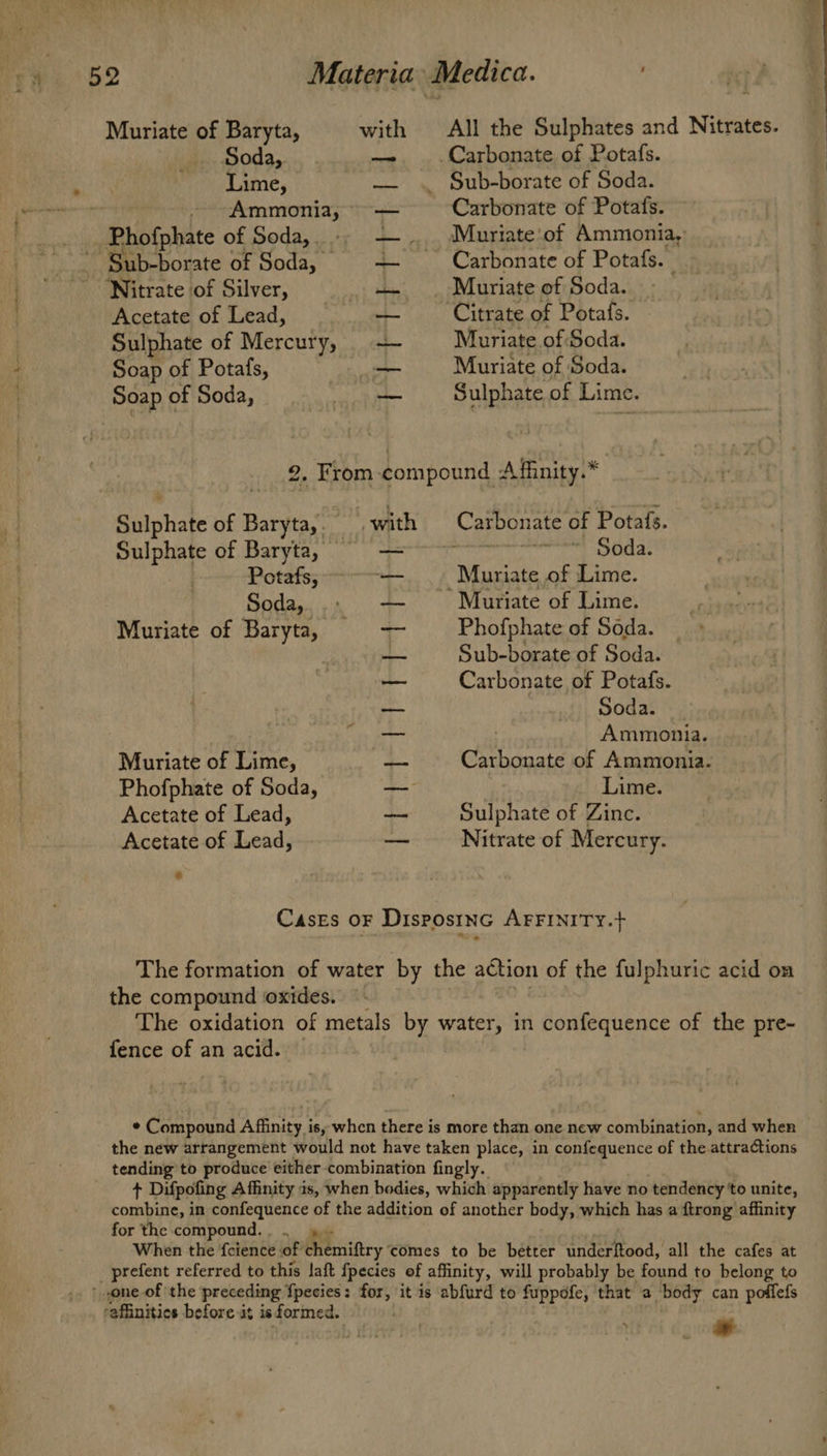 Muriate of Baryta, with All the Sulphates and Nitrates. Soda, Carbonate of Potafs. Lime, Sub-borate of Soda. Ammonia, © Carbonate of Potafs. Phofphate of Soda, . Sub-borate of Soda, Muriate'of Ammonia,’ Carbonate of Potafs._ as i ne et Nitrate of Silver, Muriate of Soda. Acetate of Lead, Citrate of Potafs. Sulphate of Mercury, Muriate of Soda. Soap of Potafs, Muriate of Soda. Soap of Soda, Sulphate of Lime. 2, From compound <A fiinity.* Sulphate of Baryta,. — with Carbonate of Potafs. Sulphate of Baryta, Soda. Potafs; -Muriate of Lime. Soda, Muriate of Lime. Muriate of Baryta, Phofphate of Soda. Sub-borate of Soda. Carbonate of Potafs. Soda. Ammonia. Muriate of Lime, Carbonate of Ammonia. Phofphate of Soda, Lime. Acetate of Lead, Sulphate of Zinc. Seen rer Acetate of Lead, Nitrate of Mercury. CASES OF Dispostnc AFFINITY.+ The formation of water by the action of the fulphuric acid on the compound oxides. The oxidation of metals by water, in confequence of the pre- fence of an acid. the new arrangement would not have taken place, in confequence of the attractions tending to produce either combination fingly. t Difpofing Affinity is, when bodies, which apparently have no tendency to unite, combine, in confequence of the addition of another body, which has a {trong affinity for the compound... 4 - When the feience of chemiftry comes to be betrer underftood, all the cafes at _prefent referred to this laft fpecies of affinity, will probably be found to belong to ' one of the preceding fpecies: for, it is abfurd to fuppofe, that a body can poffefs ‘affinities before it is formed. . s