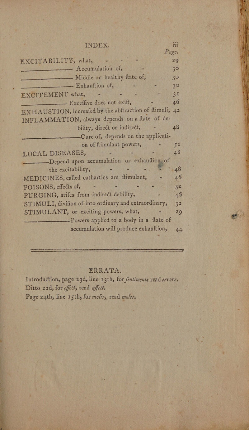 INDEX. nt        Page EXCITABILITY, what, a alle 29 —— Accumulation of, : 30 ___ Middle or healthy flate of, 30 Exhauttion of, r ue 30 EXCITEMEN [ what, : - - =n a _____—. Exceffive does not exift, 4 46   EXHAUSTION, increafed by the abftraction of flimuli, 42 INFLAMMATION, always depends on a ftate of de- bility, direct or indirect, a 48 Cure of, depends on the applicati-    on of ftimulant powers, - 51 LOCAL DISEASES, e 5 48 a Depend upon accumulation or exhauttion, of the excitability, a B My F 43 “MEDICINES, called cathartics are ftimulant, a 46 POISONS, effects of, id \ ae 32 PURGING, arifes from indirect debility, . 46 STIMULI, divifion of into ordinary and extraordinary, 32 STIMULANT, or exciting powers, what, — - Powers applied to a body ina flate of accumulation will produce exhauftion, 44 Ye  Re  a. ET eB NOR ea a Nt estan aoe se i Sec A a aT TE ES RRA ue | “CERRATA, Introduction, page 23d, line 13th, for fentiments read errors. Ditto 22d, for efed, read affed. Page 24th, line 15th, for molis, read moles.  