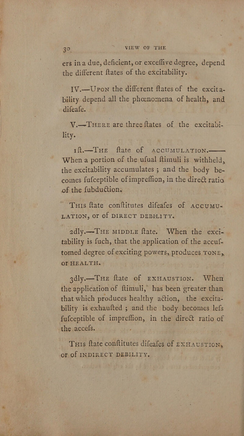 ers ina due, deficient, or exceflive degree, depend the different ftates of the excitability. IV.—Upon the different ftates of the exit a bility depend all the phoenomena of health, and difeafe. | | V.—THERE are three ftates of the excitabi- lity.  1%.—Tue ftate of ACCUMULATION. When a portion of the ufual ftimuli is withheld, the excitability accumulates ; and the body be- comes fufceptible of impreflion, in the direct ratio of the fubduCtion. Tus ftate conftitutes difeafes of accuMuU- LATION, or of DIRECT DEBILITY. adly.—THE MIDDLE ftate. When the exci-_ tability is fuch, that the application of the accuf- tomed degree of exciting powers, produces TONE, or HEALTH. | gdly.— Tue ftate of zExuausTion. When the application of ftimuli, has been greater than that which produces healthy aétion, the excita- bility is exhaufted ; and the body. becomes lefs fufceptible of impreflion, in the direc ratio of the accefs. Tus ftate conftitutes difeafes of EXHAUSTION, or of INDIRECT DEBILITY,