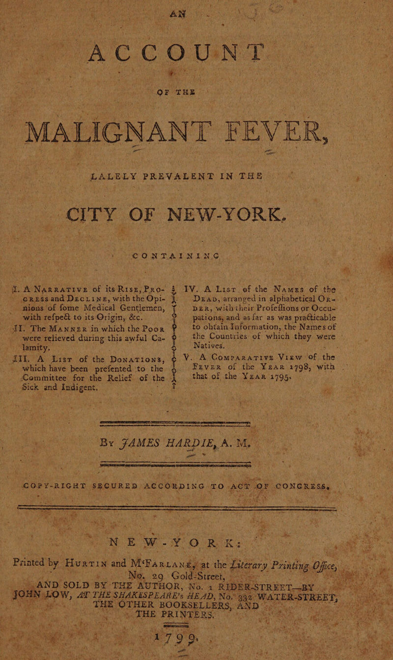   MALIGNANT FEVER, eS ee LALELY oy IN oe é as y : CITY OF NEW-YORK, “ if “CONTAINING |  TY. A List, Sef the nae of the : Deap, arranged in alphabetical Or-. &gt; “DER, itl their Proteffions or Occu- pations, : and as far as was practicable to ohtain Information, the Names of the Countries: of ‘which they were ~ : ‘Si ee ee £ of its ante y Pree cressand Deciine, ‘with the Opi- _nions of fome Medical Gentlemen, with refpe&amp;t to its Origin, &amp;c. 240 The Manner i in which the Poor were relieved ent this awful Ca- mpiionowomonleths noe     _lamity, Natives. ; aoe i pt A on of the Donations, Vv. A ComPARATIVE Vinw of the which have been prefented ‘to the Fever of the Year 1798, with — Cominittee for the Relief of the that of the a 4195 : Bick and Adige. ene. ay ; i aed ne ie me Ney i Mi rece et By FAastEs HARDIE, v M. ‘ cory- RIGHT SECURED. ACCORDING. ro Ac vi f 2 1 9        : at the Liteory Printing Of ie A es “No 2 Conta cyst i Me OLD BY THE A THOR, No. 1 REDEE TREET BY “s # onal Ba? (AT THE SHAKESPEARE’s HEAD, No.’ 93 : THE OTHER BOOKSELLERS, AND 4. THE : PRINTERS, oe cen ‘ite     