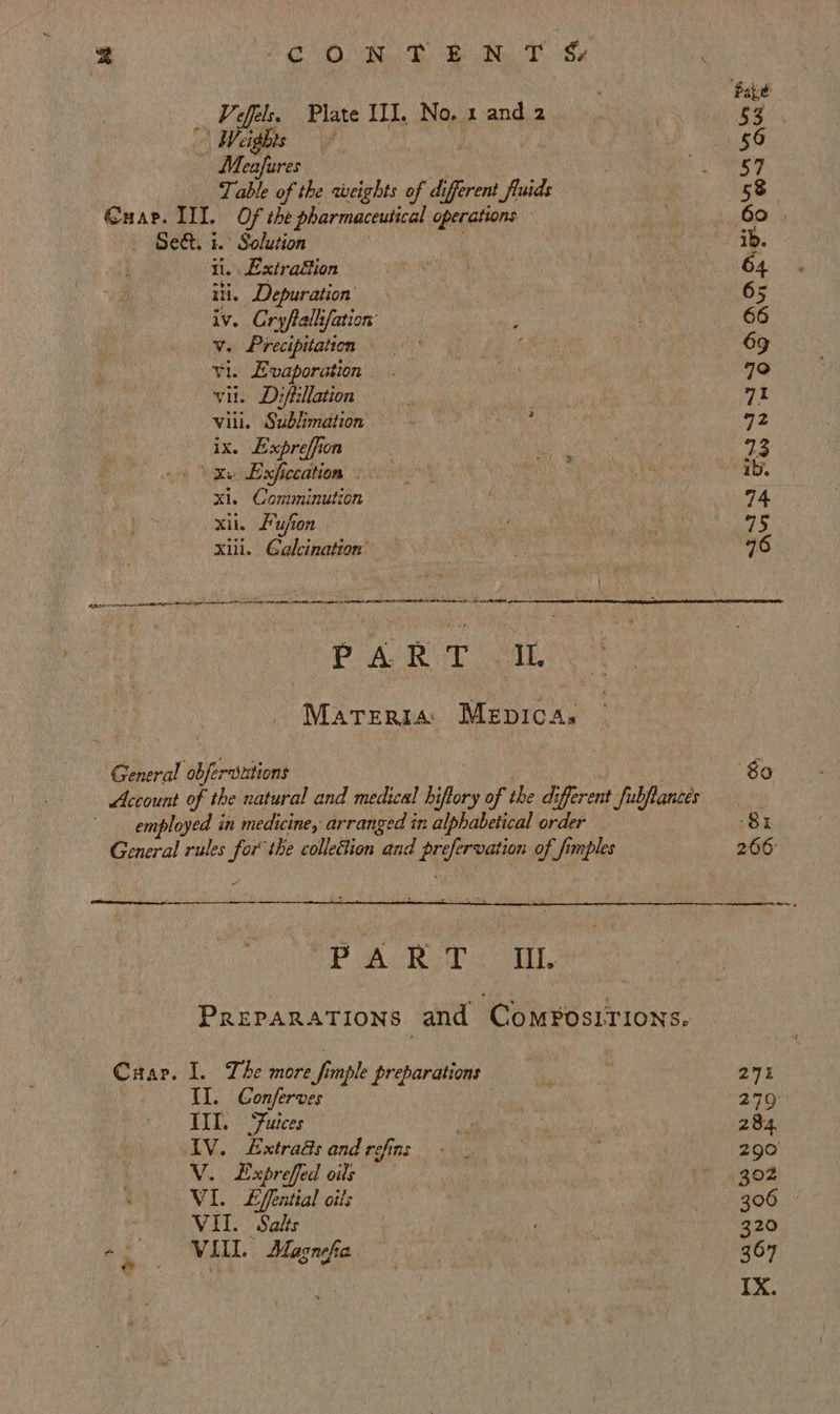 2 CONTENT &amp;    . Page Vefels. Plate II. No. 1 and 2 Be: | Weights ¢ | Be ge — Meafures 6 | i gs Table of the weights of diferent fluids 58 €uae. IIT. Of the pharmaceutical operations Bk oti? — Bett. i. Solution i, He ib. kb Hckairadtion ¢:! suey 4 ‘ 64 it. Depuration : 65 iv. Cryftallifation’ ip ek 66 War Precipitation Wo * 3 csc 69 vi. Evaporation ate 79 . vii. Difiillation | By 3 71 vill. Sublimation Boge a ix. Exprefim Ss Meas aeRxprecation ost Reis My 1D. x1. Comminution a, . ; 74 xii. Mufon | ‘ So 75 xiii. Galcination’ en) Seta) 76 PA Rit oh. Marerzra Mepicas © General obfervutions So Account of the natural and medical hiftory of the different fubftances employed in medicine, arranged in alphabetical order SI General rules for the colledtion and prefervation of fimples 266° PDR oval. Preparations and CoMmPosITIons. Car. Il. The more fimple preparations te Nee 275 II. Conferves rh etait TIL. Fuices pi er eae : 284 WN. Lntrads and geling | oa eo: hi eh 290 V. Exprefed oils Witt. Roe VI. LEffential oils ee se ti : VII. Salts 320 z i | VILL. Magnefa an ett 369 IX.