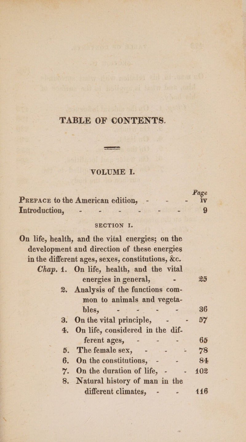 TABLE OF CONTENTS. VOLUME I. Page Prerace to the American edition, - - - Introduction, - - - - - 7 9 SECTION I. On life, health, and the vital energies; on the development and direction of these energies in the different ages, sexes, constitutions, &c. Chap. 1. On life, health, and the vital energies in general, - 25 2. Analysis of the functions com- mon to animals and vegeta- bles, - - - - 36 3. Onthe vital principle, - - 57 4. On life, considered in the dif- ferent ages, - - - 65 5. The female sex, - : - 78 6. On the constitutions, - - 84 7. On the duration of life, - - 102 8. Natural history of man in the different climates, - - 116