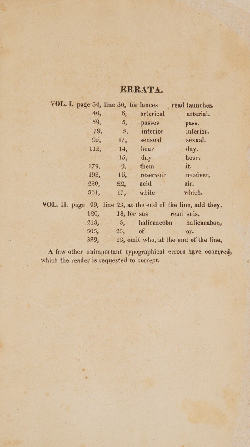 ERRATA. 40, 361, VOL. II. page 99, 120, 329, 6, arterical | arterial. 5, passes pass. Ge interior inferior. VE sensual sexual. 14, hour day. 15 day hour. 9, them it. ; 16, reservoir receiver. 22, acid. air. bY, while which. line 23, at the end of the line, add they. 18, for sus read suis. 3; halicaacobn halicacabon, | 28, of or. 13, omit who, at the end of the line,