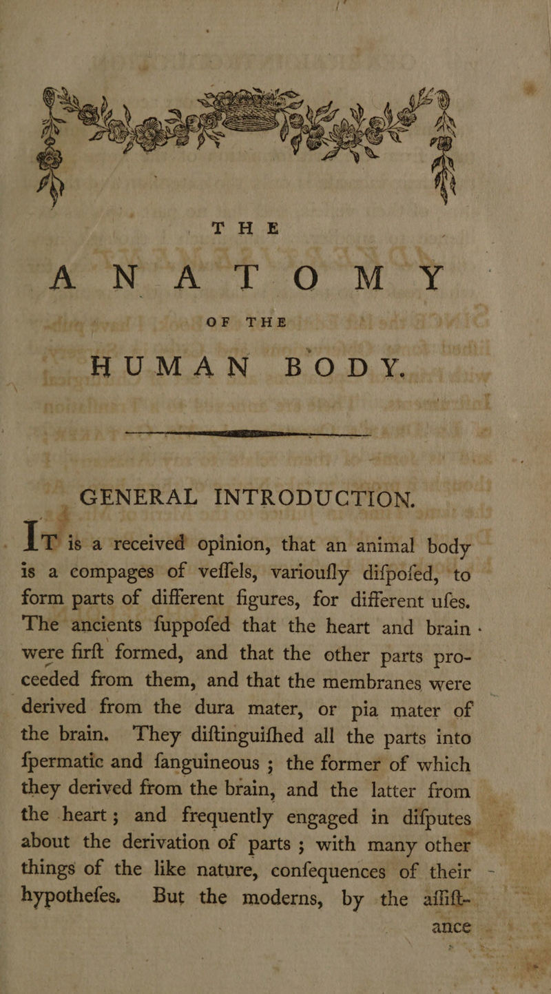   GENERAL INTRODUCTION. Ids a received opinion, that an animal body is a compages of veilels, varioufly difpofed, ‘to form parts of different figures, for different ufes. The ancients fuppofed that the heart and brain - were firft formed, and that the other parts pro- ceeded from them, and that the membranes were derived from the dura mater, or pia mater of the brain. They diftinguifhed all the parts into {permatic and fanguineous ; the former of which they derived from the brain, and the latter from about the derivation of parts ; with many other things of the like nature, confequences of their — hypothefes. But the moderns, by the alti ance .