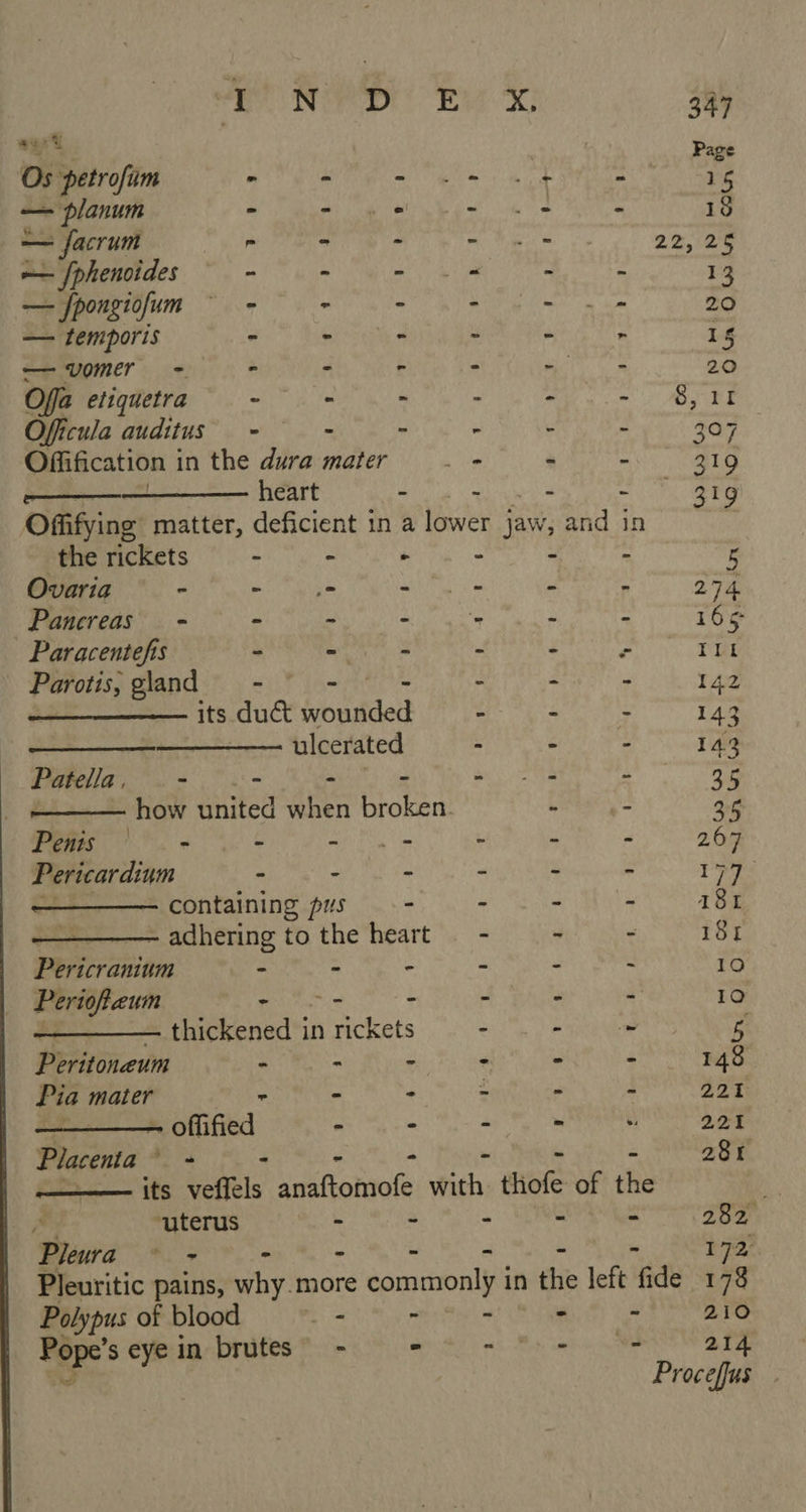            werd Os petrofum we ae Oi — planum - - . | — facrum e - 2 ~— {phenoides - o re — fpongiofum — - ° - — temporis - > - —wvomer - = 4 3 Offa etiquetra - - - Officula auditus” - - - Offification in the dura mater : heart 4 » Offifying matter, deficient in a lower jaw the rickets - - . Ovaria - - - - Pancreas - Fe d 4 Paracentefis - ns Parotis, gland Ook a tere tale its duct wounded ulcerated Patella, - .- aS ib . how united when broken. Penis ° .- t 5 et TRESS Pericardinm - H - containing pus : - adhering to the heart Seite : - : Rees ire - oe - thickened in rickets Peritoneum - * - Pia mater . - - : — offified - ° Placenta ae - - its veffels akftohacte with thofe Pi uterus - - Pleura tos - - - and in of the 148 221 221 28r Vy eh Polypus of blood - - i seyein brutes - = 210 214