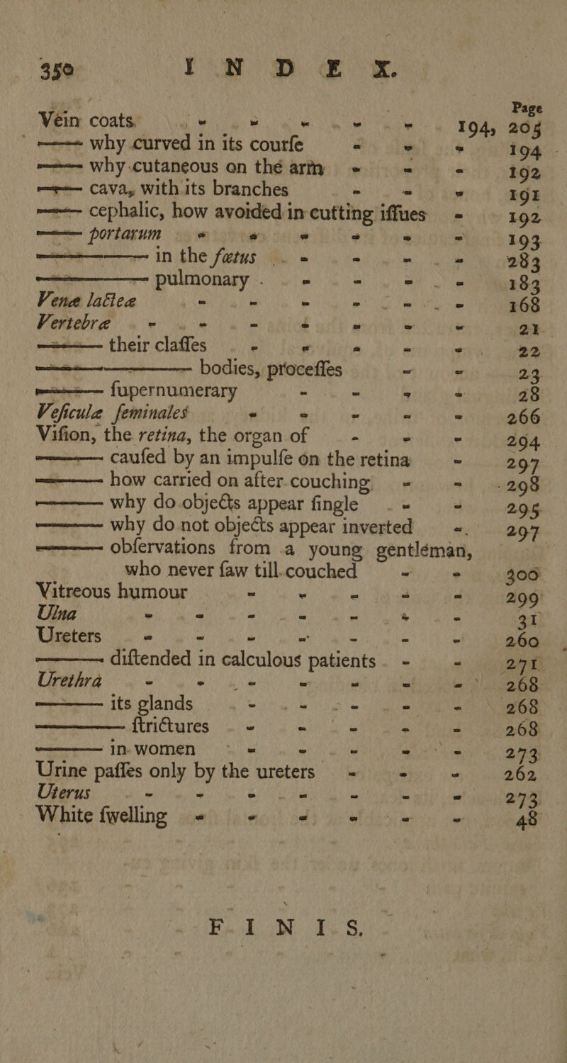    ' ——«« why curved in its panne, - nee Why cutaneous on thé arm + —r—— Cava, with its branches - ---— cephalic, how avoided in cufting iffues gy cdi od @ og - = in the fetus . - ey - Vene latie« : ‘ Venter - - “ their claffes ° bodies, pieseGies fupernumerary - ‘ Ve he cule feminales « ° 3 Vifion, the retina, the organ of -      how carried on after.couching ——-- why do objects appear fingle  ‘eo 2 4 1 ose eed tnd \© _ Sh DO. ee oe et 2 Oe 8 who never {aw till.couched Vitreous humour o - ‘ Una ~ - - PLS Meee Ureters - -  diftended in calculous paeents Urethra - + ks = °    its glands - 4s ~ ftrictures . - - we - in. women 2 - Urine paffes only by the ureters : Uterus. -~ z: Pa ie White fwellng -« + « Bed ON 1.:S, el a SE ss es ee ee ee ee ie ies, eee Gacy Ste: ec pt Cae Bee er |