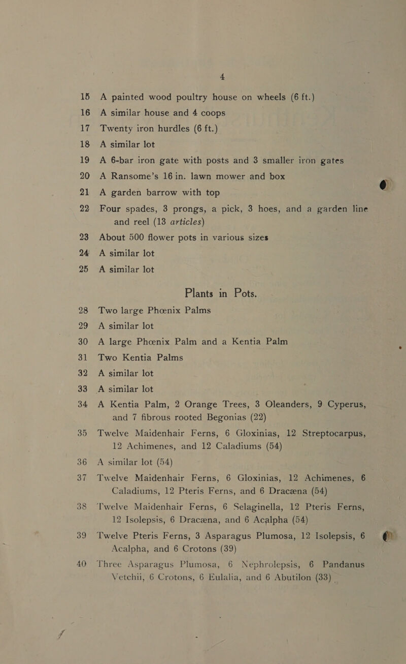 39 40 4 A painted wood poultry house on wheels (6 ft.) A similar house and 4 coops | Twenty iron hurdles (6 ft.) A similar lot A 6-bar iron gate with posts and 3 smaller iron gates A Ransome’s 16in. lawn mower and box = A garden barrow with top Four spades, 3 prongs, a pick, 3 hoes, and a garden line and reel (13 articles) About 500 flower pots in various sizes A similar lot | A similar lot Plants in Pots, Two large Phoenix Palms A similar lot A large Phoenix Palm and a Kentia Palm Two Kentia Palms A similar lot A Kentia Palm, 2 Orange Trees, 3 Oleanders, 9 Cyperus, and 7 fibrous rooted Begonias (22) Twelve Maidenhair Ferns, 6 Gloxinias, 12 Streptocarpus, 12 Achimenes, and 12 Caladiums (54) A similar lot (54) Twelve Maidenhair Ferns, 6 Gloxinias, 12 Achimenes, 6 Caladiums, 12 Pteris Ferns, and 6 Draceena (54) Twelve Maidenhair Ferns, 6 Selaginella, 12 Pteris Ferns, 12 Isolepsis, 6 Draceena, and 6 Acalpha (54) Twelve Pteris Ferns, 3 Asparagus Plumosa, 12 Isolepsis, 6 @ Acalpha, and 6 Crotons (39) Three Asparagus Plumosa, 6 Nephrolepsis, 6 Pandanus
