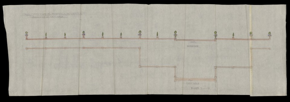 Suggested curbing, pedestals, pots & steps across top of main walk.