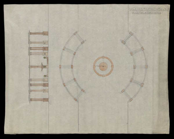 Suggested fountain and pergola in centre of main walk.