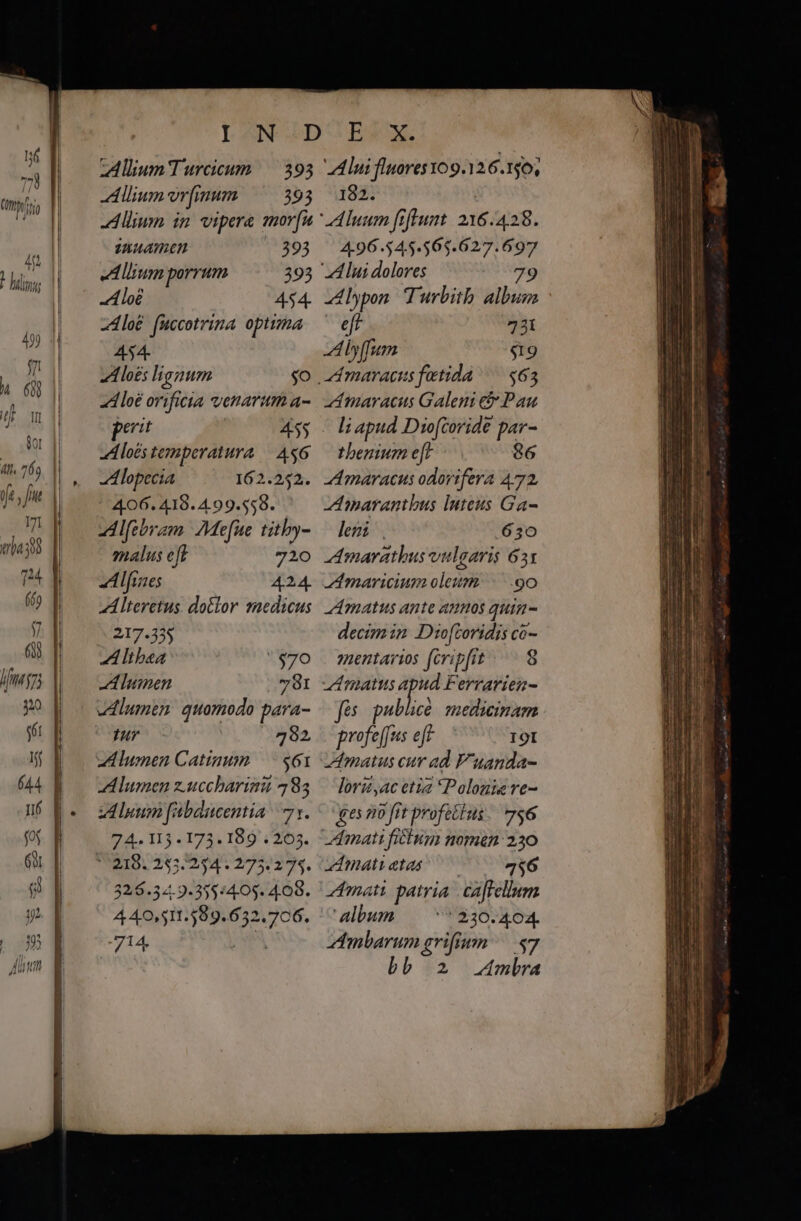trato fios (6) y 60) LATE 20 gi Is 644 I6 foy GUI Allium T urcicum 593 Allium or[mum 393 lium in vipera aora VAHATUH 393 nllium porrum 393 Aloe 454 zAloe fecotriza optima 454 Zdlo£s lignum $o Aloé orificia venarum a- peut 455 A loés temperatura — 496 Alopecia 162.252. 4.06. 419.499.558. Alfebram Mefue titby- malus eft 720 A lfunes 424. Alteretus dotlor medicus ^ 217.355 A: Itbsa '$70 A umen 781 «diumtn quomodo para- Ur 792 $61 A umen z.uiccharinii 785 zd luum fabducentia | 7. 74.113. 173.189 . 263. 2,6.52.9.355:405. 4.08. 440. 511.599.652.706. 714 Aui fluoresyo9. 126.156, 182. 4-96 .54.5.565.627.697 A lui dolores 79 4lypon JTurbitb. album eff 751 yum $19 maracus fetida — $63 maracis Galeni e&amp; Pau li apud Dioftoride par- tbenium e[t 86 Amaracus odorifera 472, Amarantbus luteus Ga- leni 630 Amarathus vulgaris 631 Amaricium oleum. -.c..90 Amatus Ante AMunos quia- decim in Dioftoridis co- 226HÍATYIOS feripfit 8 Amattts 4 ud Ferrarien- fas publice. smedicinam profe[fus eff IOI zImatus cur ad F'uanda- loritac etia Polonie vre- ges no fit profetlus./ 756 mati ficium momen: 230 zdmati etas 756 mati patria a ffellum album ' 230.404. zimbarum srifium — $7 bb 2 Ambra