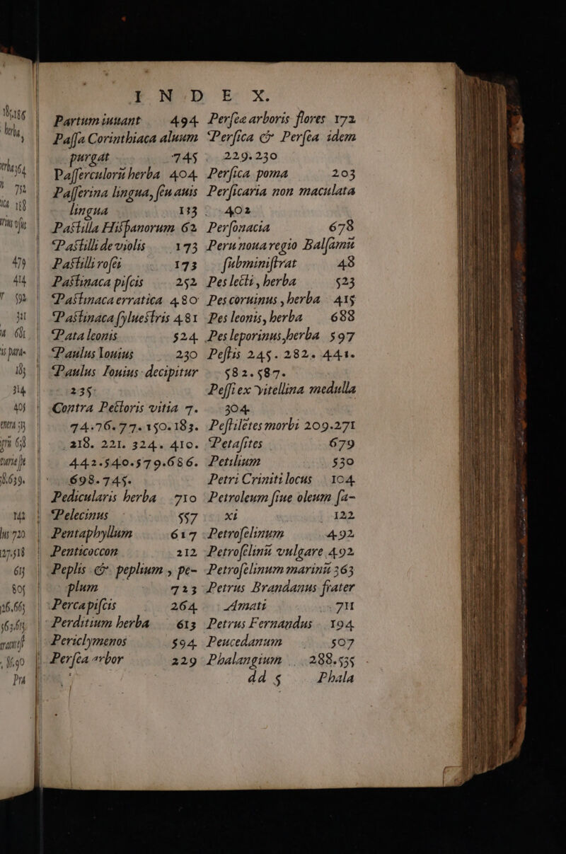 rgg | LS trha Y UH I4 i8 1j tfi 4) 5l 4 6f f pane- n n 40j (htt sh pu 65 tunt $619. n 720 27,518 éi 80 26.66; 46568 vau Óf.o i$ Partumiuuant urgat lingua 133 . Pastilla Hifpanorum 62 «Pasfilideviolis 173 Pastilli vofei 173 Paklinaca pifcis 252 *Pata leonis Paulus louius 524. 230 23$: 44.2.54:0-57 9.686. 698.745. Pedicularis berba | 710 tPelecinus — $97 Pentaphyllum 617 Penticoccon 212 Peplis .&amp;&amp;. peplium , pe- plum 7213 Percapi[cis 264. | Perditium berba. 615 | Periclymenos $94. Per[ca ^vbor 229 J Per[za arboris flores. v7 Perfica c Per(ta. idem 229.230 Per[ica poma 203 Per[icaria non maculata AMO Per[onacia 678 Perunouaregio Bal[amu fibminiffrat 48 Pes lecti , berba $23 Des coruinus , berba |. A13 Pes leonis, berba — 688 Peflis 245. 282. 441. $82.587. Pe[fi ex yitellina medulla 304. Pefliletes morbi 209.271 Petafites 679 Petilium $30 Petri Crizitilocus |. 104 Petroleum fiue oleum [a- xi | 122. Petrofelinum 492 Petrofelinu vuleare 492 Petro[clinum marinu 363 Petrus Branáauus frater matt ux 7H Petrus Fernandus -.. X94, Peucedanum 507 Phbalangium .,.. 288.555 dd s Pbala