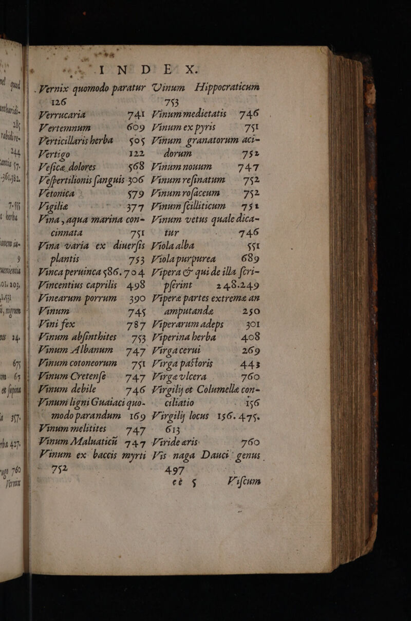 V md || thin. | | S hil. —1 —m I —X* 7773798 1 MILIA 01303, f y í,ngmm l Won fami * x^ * 1 L3! ernix quomodo paratur 126 Verrucaria 741 V'erteimnum 609 Perticillaris berba — $o$ Vertigo — 122 V'efica dolores $68 V'effertilionis [anguis 306 Vetonica $79 Vigilia 7377 Vina ,aqua marina con- eimnata 75I Vina varia ex^ diuer[is plantis 753 Vinca peruinca $86. 7 o 4. Vincentius caprilis | 498 V'inearum porrum — 390 Vinum 74$ Fini fex 787 Finum ab[inthites ^ 753 Vinum Albanum | 747 Vinum cotoneorum — 751 Vinum Creten[fé./.— 747 Vinum debile 746 Vinum ligni Guataci quo- - smodo parandum 169 Vinum melitites — 747 Vinum Maluatitt | 444 Vinum ex: baceis vayrti -- 732 Quum Hippocraticum 753 Vinummedietatis | 746 Vinum ex pyris 751 Vinum granatorum aci- dorum 752 Vinum nouum 747 Finumrefinatum — 732. Finum ro[aceum 752 inum failliticum 751 Vinum vetus quale dica- tur 746 Viola 4lba $51 Violapurpurea 689 Vipera c qui de illa fcri- pferint 240.249 Vipera partes extrema an amputande 250 Fiperarumadeps. — 301 Viperina berba 408 Virga cerut 269 Virga pastoris 443 Virga vlcera. . 760 Virgili et Columella con- ciliatio | 366 Virgily locu$. 156. 475. 613 Farid eris: 760 Fs naga Dau genus. 497 eà $5 F y feum